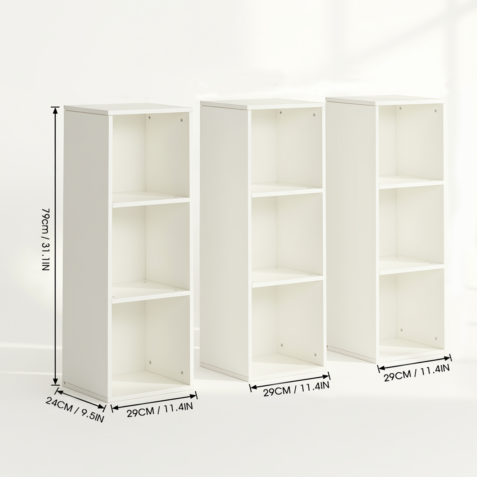 MANDI III 3-Piece White Modular 3-Tier Bookcase Set with Stackable Storage