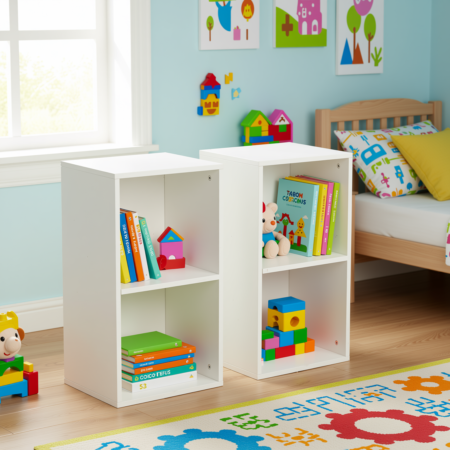 Homy Casa MANDI II 2-Piece L-Shaped White Bookcase Set with 2-Tier Storage