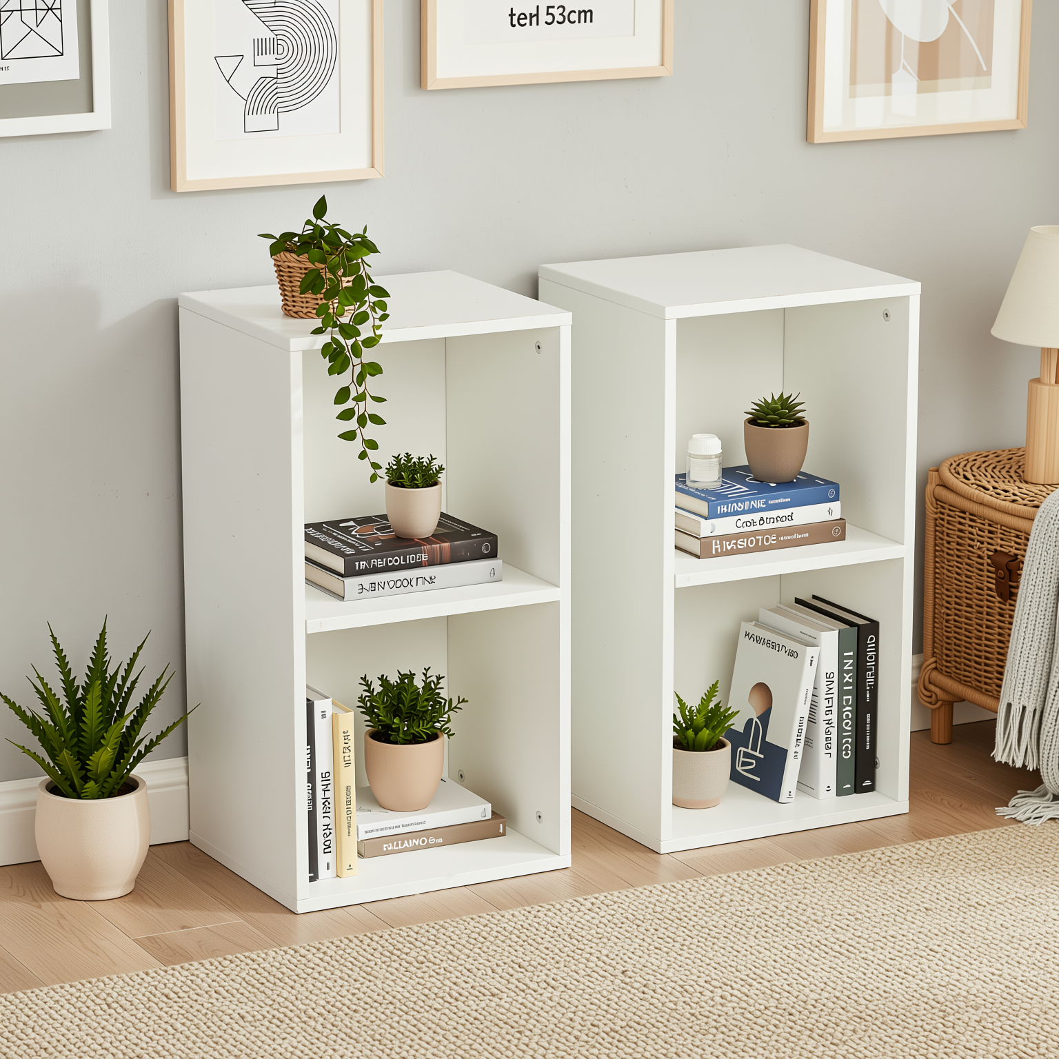 Homy Casa MANDI II 2-Piece L-Shaped White Bookcase Set with 2-Tier Storage