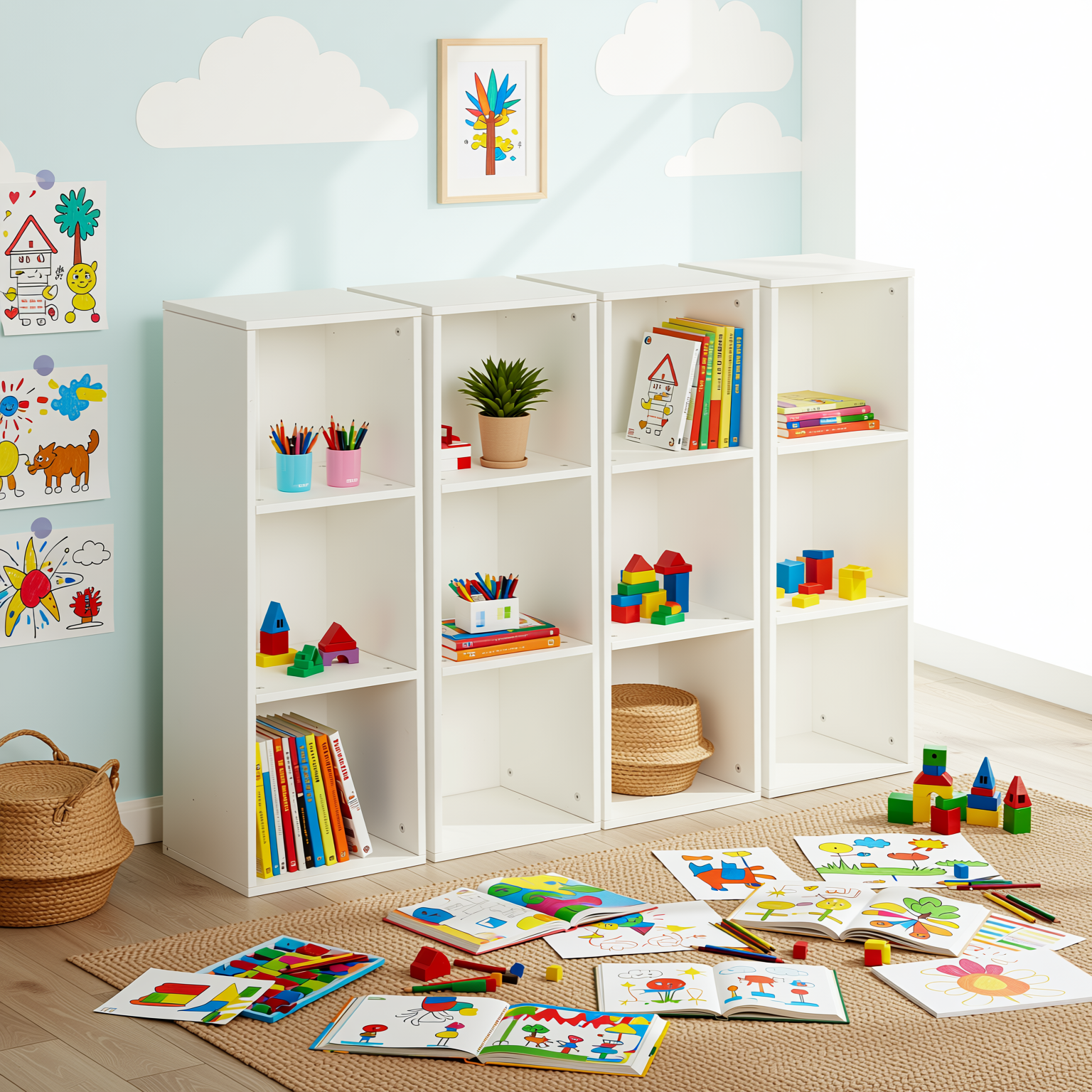Homy Casa MANDI III 4PC Kids Cubby Storage Bookcase 3-Tier Wide Toy Organizer Modular Shelf System