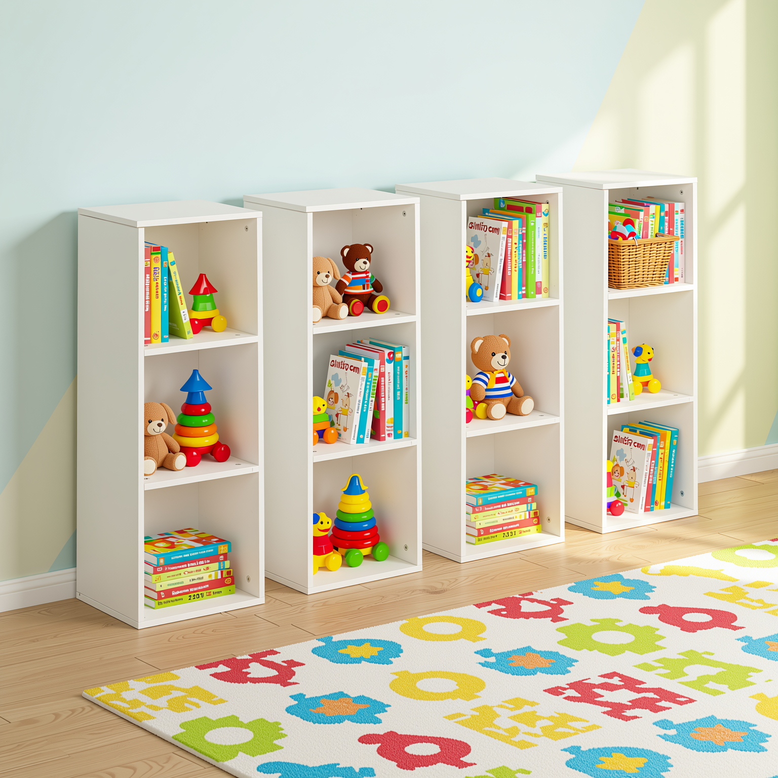 MANDI III 4-Piece White Cubby Bookcase Set with 3-Tier Modular Storage
