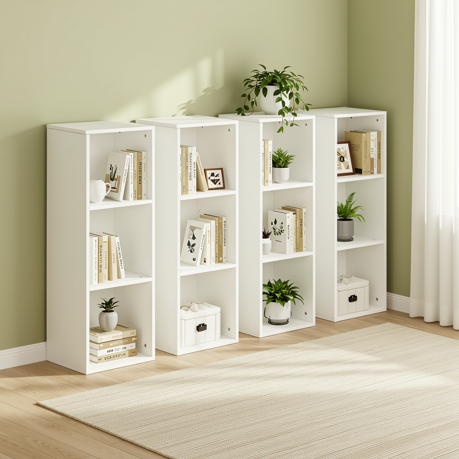 MANDI III 4-Piece White Cubby Bookcase Set with 3-Tier Modular Storage