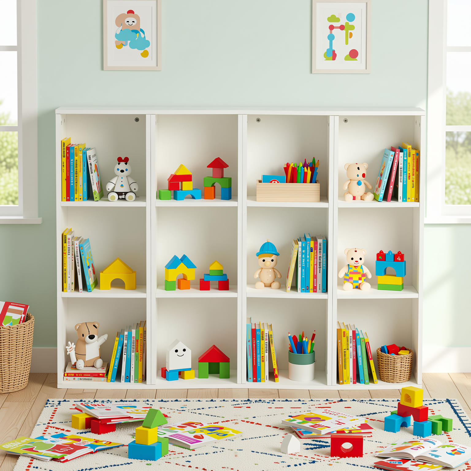 Homy Casa MANDI III 4PC Kids Cubby Storage Bookcase 3-Tier Wide Toy Organizer Modular Shelf System