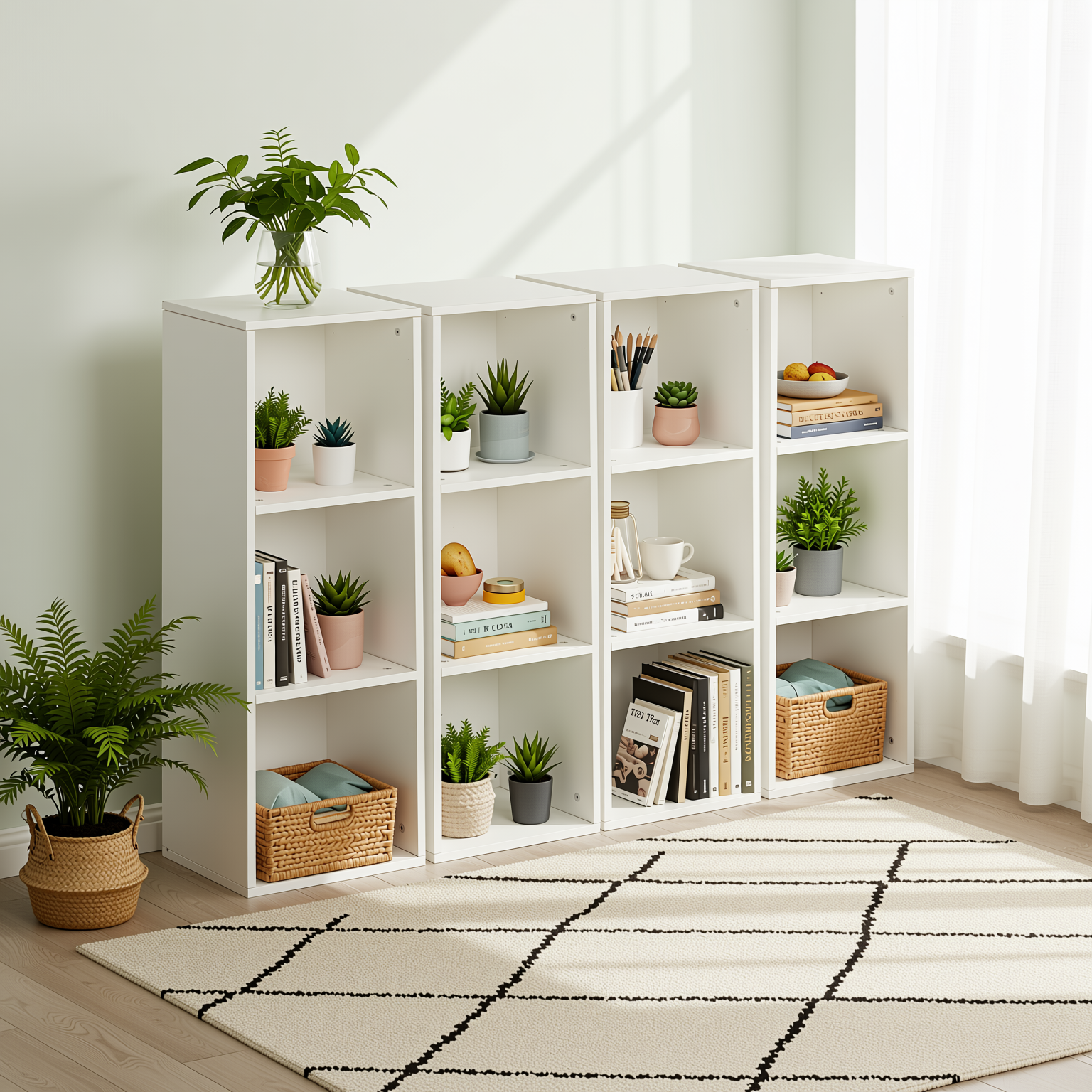 MANDI III 4-Piece White Cubby Bookcase Set with 3-Tier Modular Storage