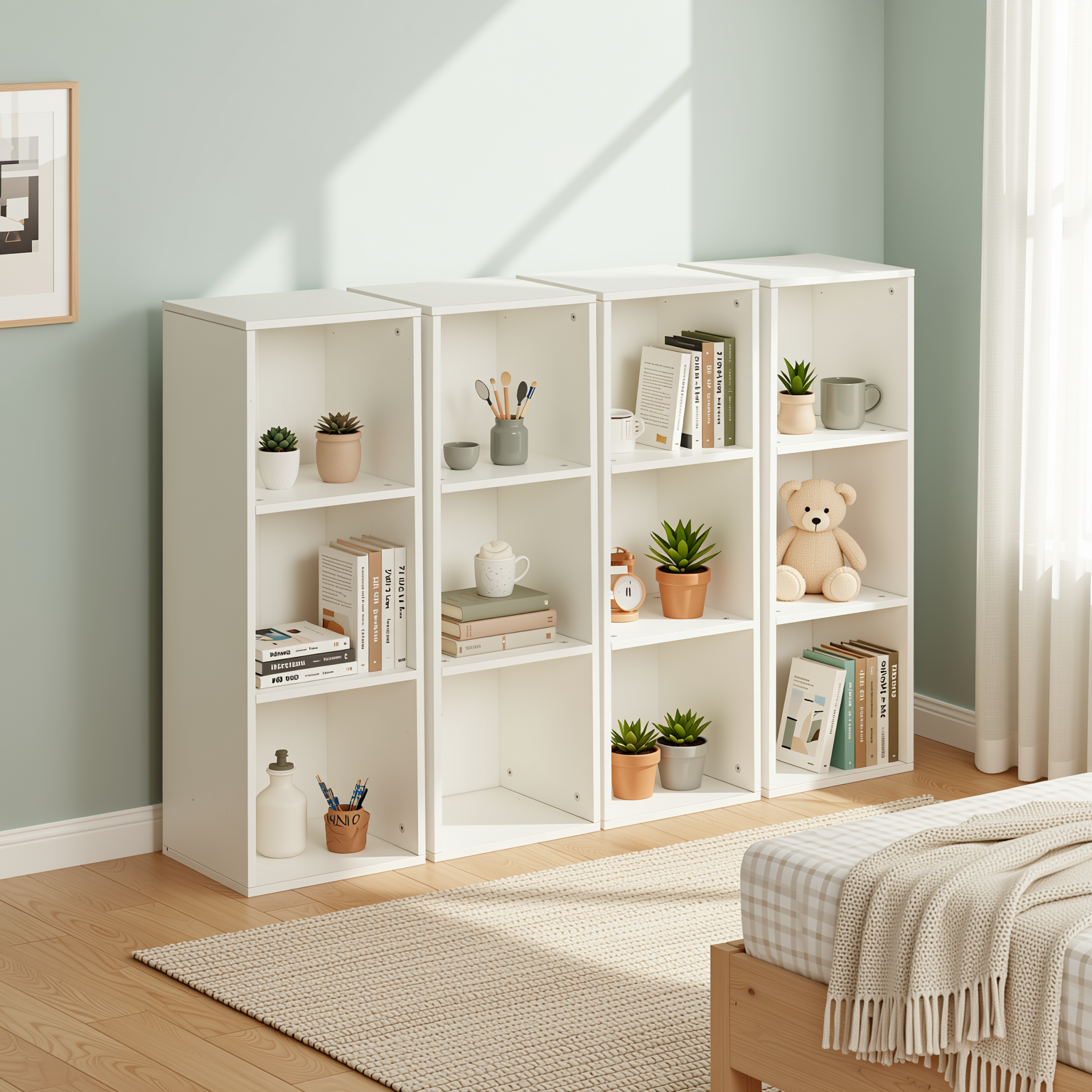 Homy Casa MANDI III 4PC Kids Cubby Storage Bookcase 3-Tier Wide Toy Organizer Modular Shelf System