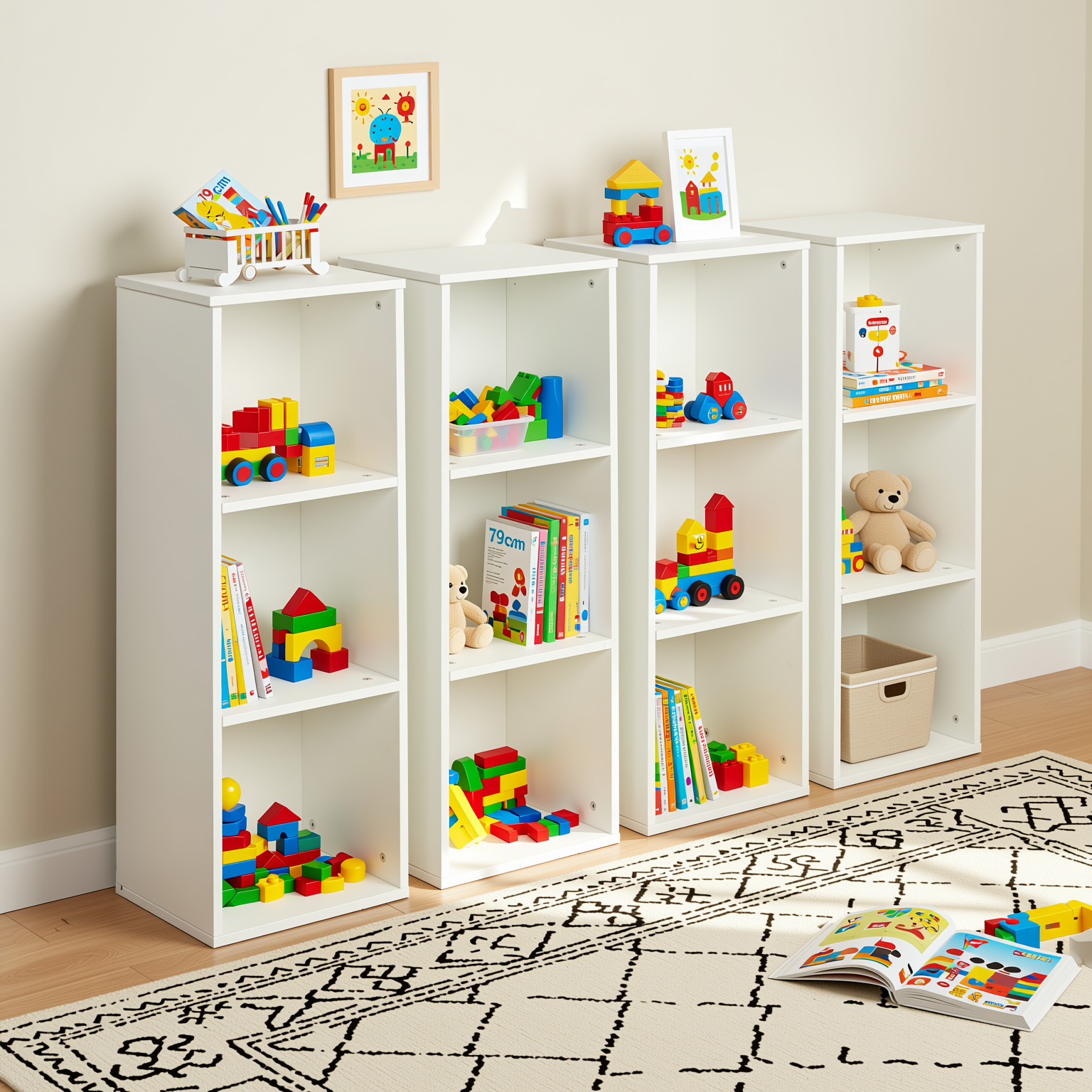 MANDI III 4-Piece White Cubby Bookcase Set with 3-Tier Modular Storage