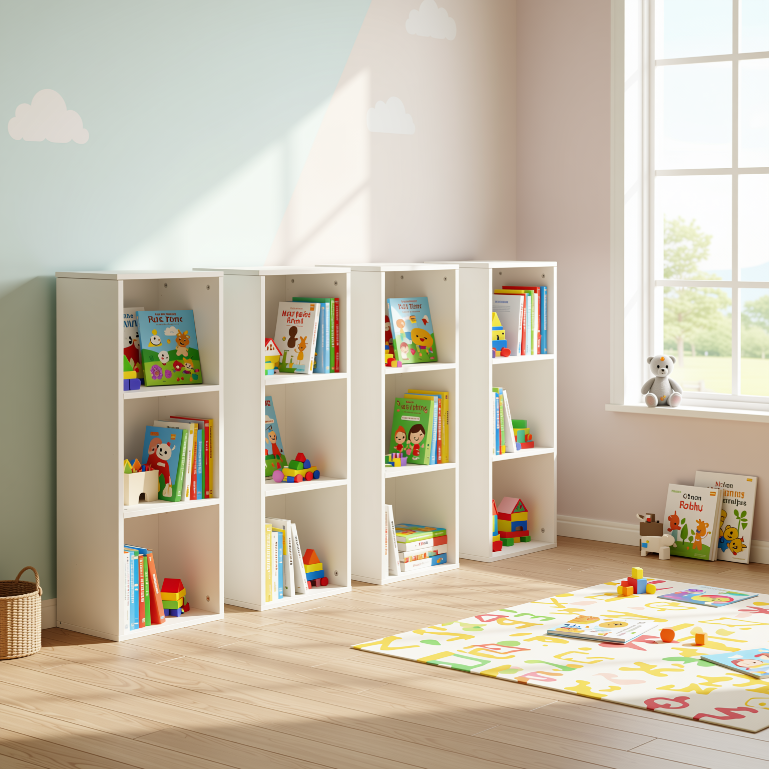 Homy Casa MANDI III 4PC Kids Cubby Storage Bookcase 3-Tier Wide Toy Organizer Modular Shelf System