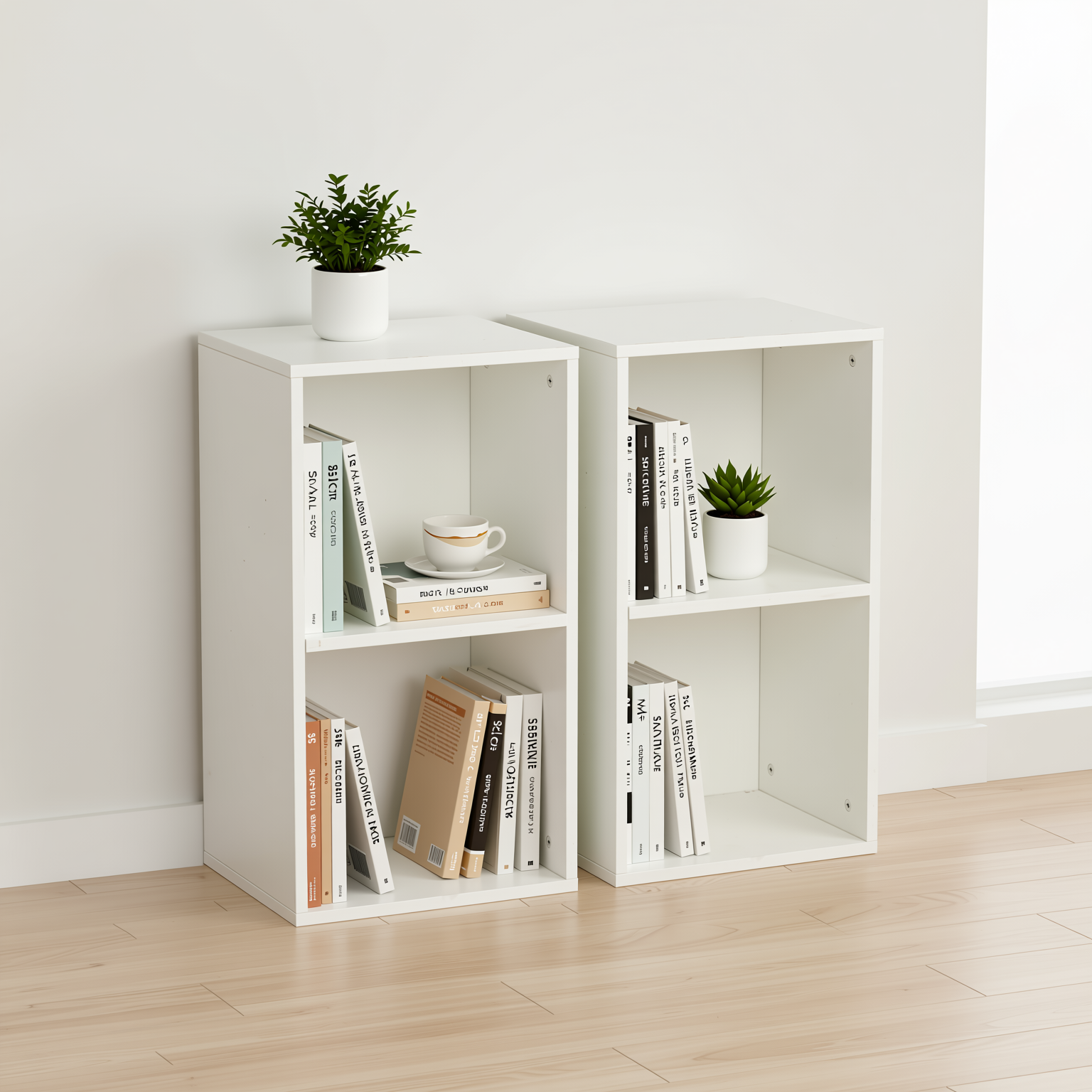 MANDI II 2-Piece L-Shaped White Bookcase Set with 2-Tier Storage