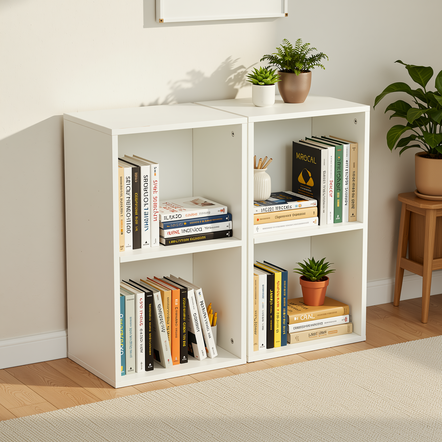 MANDI II 2-Piece L-Shaped White Bookcase Set with 2-Tier Storage