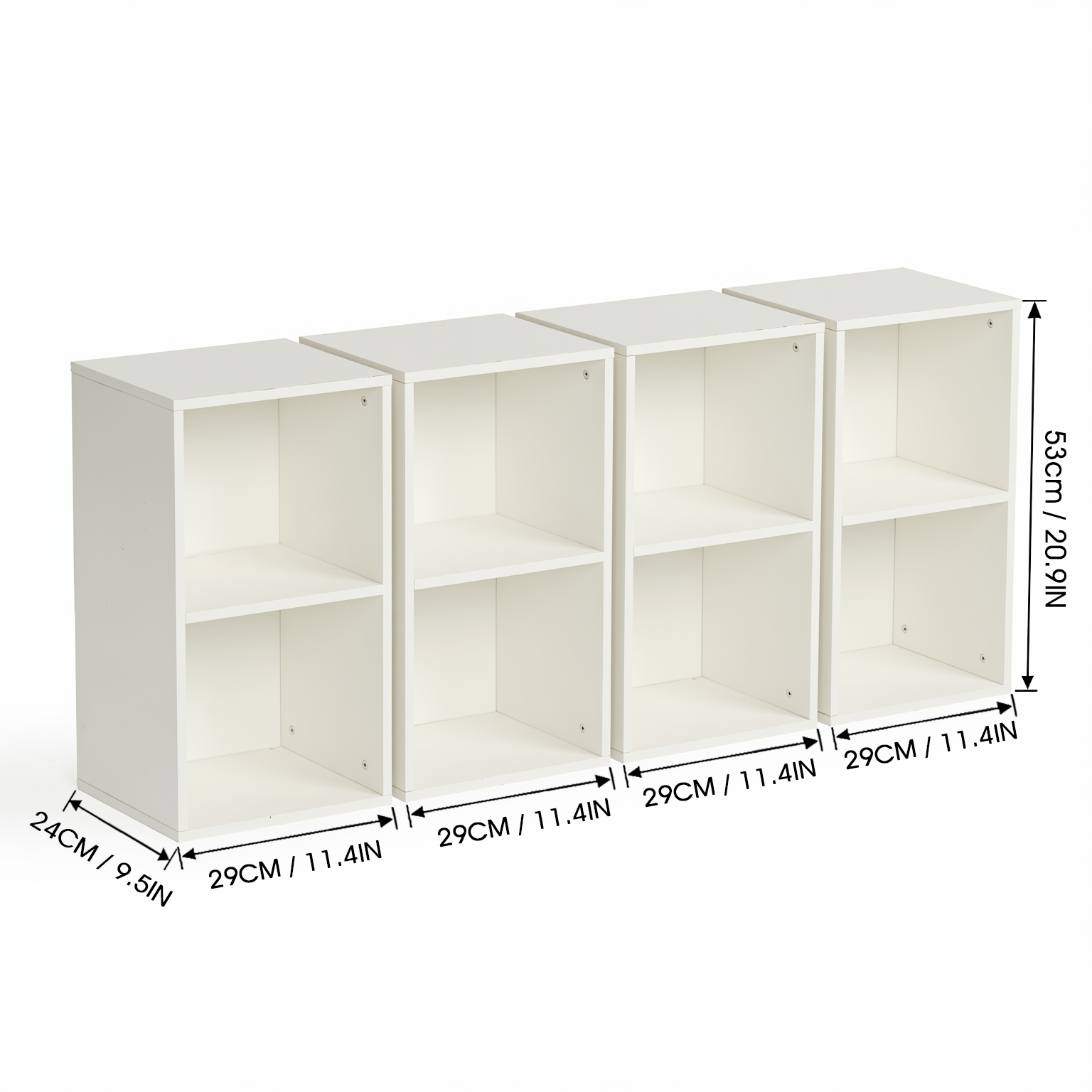 MANDI II 4-Piece White Cubby Bookcase Set with 2-Tier Modular Storage