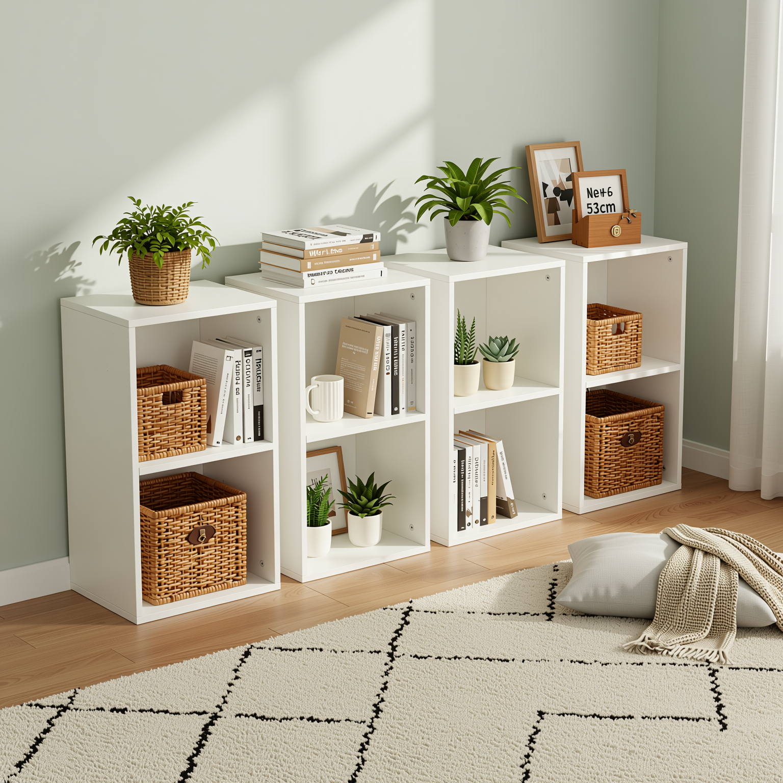 MANDI II 4-Piece White Cubby Bookcase Set with 2-Tier Modular Storage