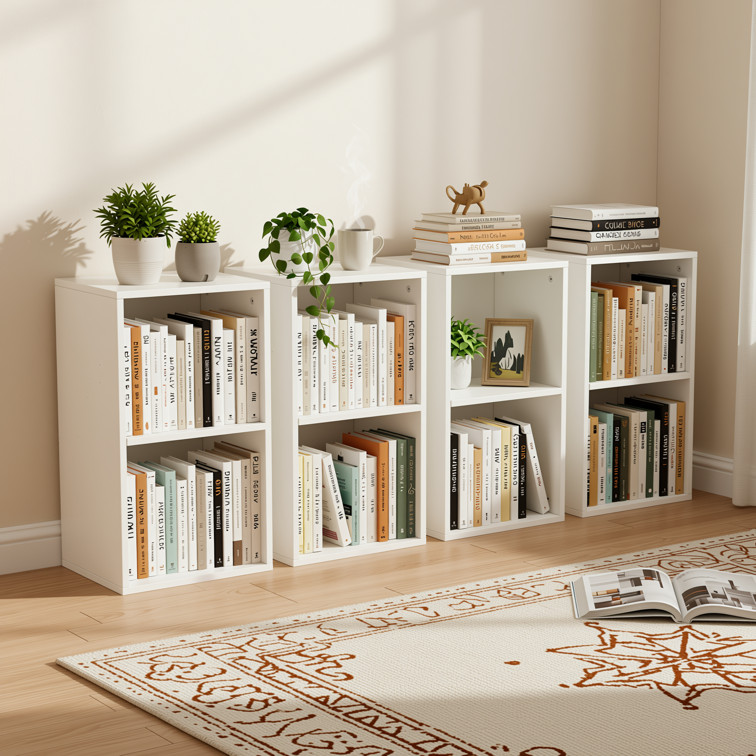 MANDI II 4-Piece White Cubby Bookcase Set with 2-Tier Modular Storage