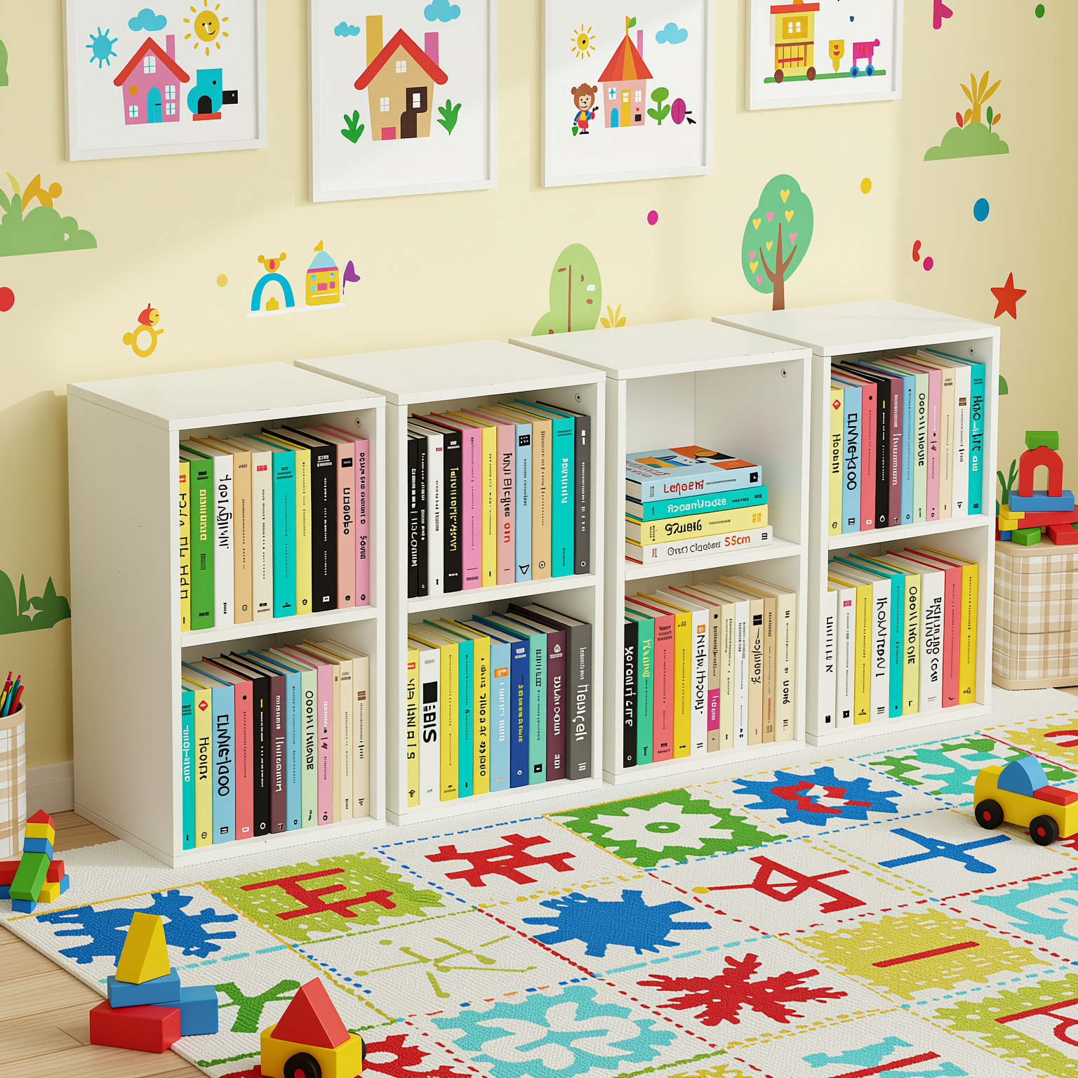 MANDI II 4-Piece White Cubby Bookcase Set with 2-Tier Modular Storage