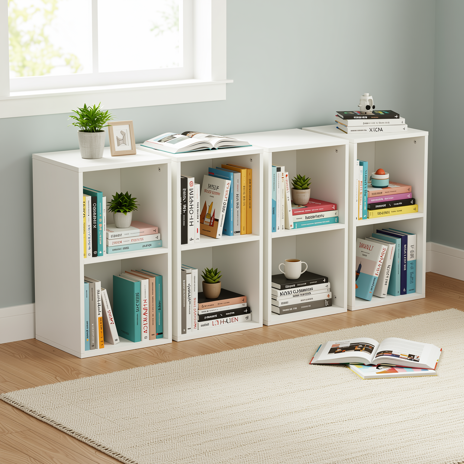 MANDI II 4-Piece White Cubby Bookcase Set with 2-Tier Modular Storage