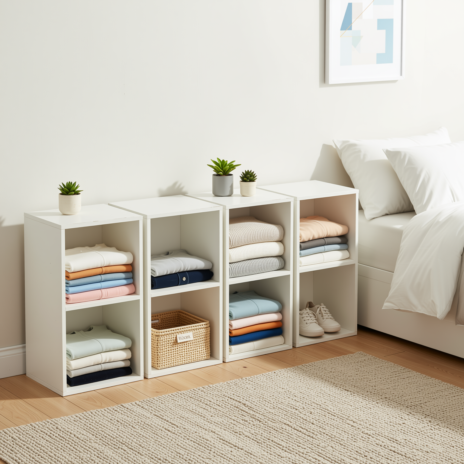 MANDI II 4-Piece White Cubby Bookcase Set with 2-Tier Modular Storage