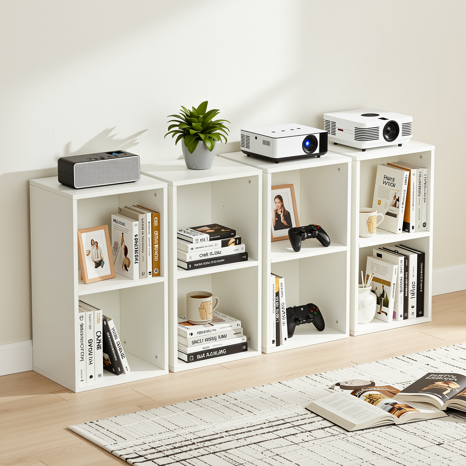MANDI II 4-Piece White Cubby Bookcase Set with 2-Tier Modular Storage