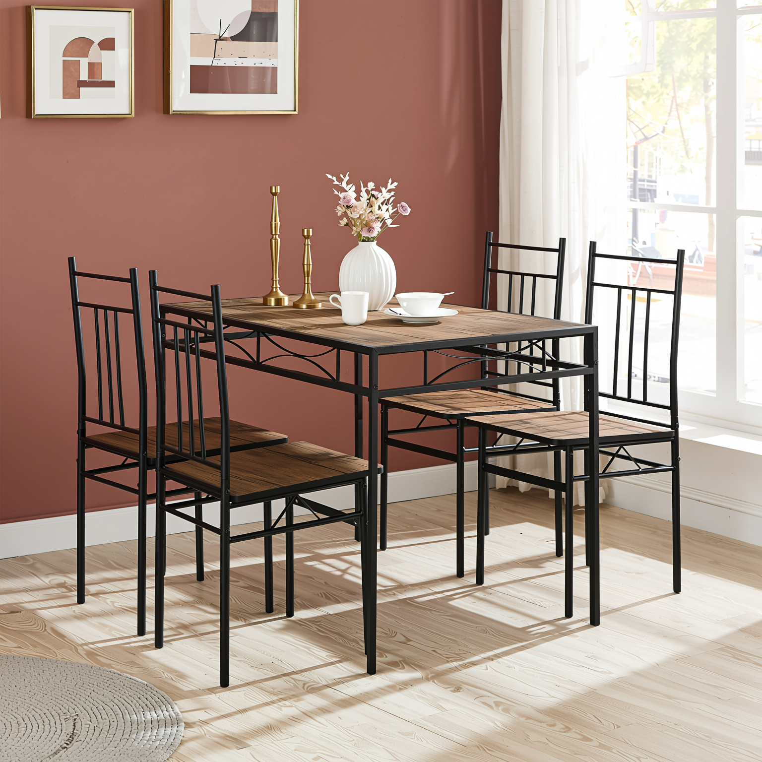 Homy Casa Marbury 5PC Dining Set 42” Rustic Brown Table with 4 Chairs