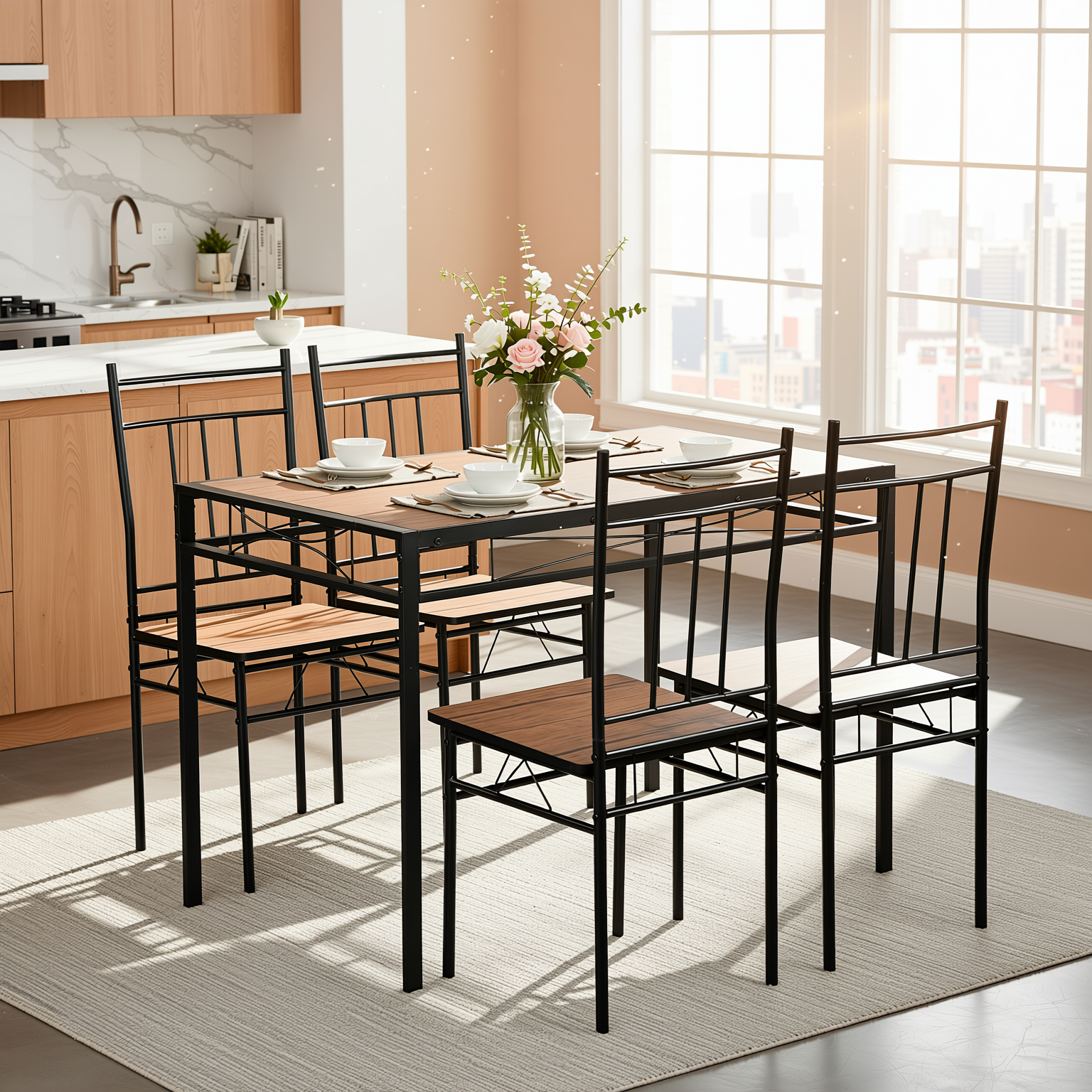 Homy Casa Marbury 5PC Dining Set 42” Rustic Brown Table with 4 Chairs