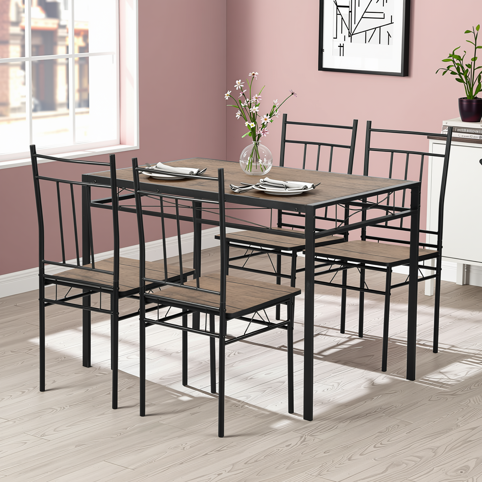 Homy Casa Marbury 5PC Dining Set 42” Rustic Brown Table with 4 Chairs