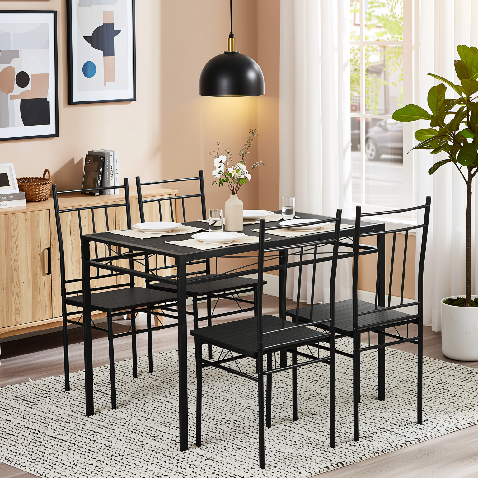 Homy Casa Marbury 5PC Dining Set 42” Black Marble Table with 4 Chairs