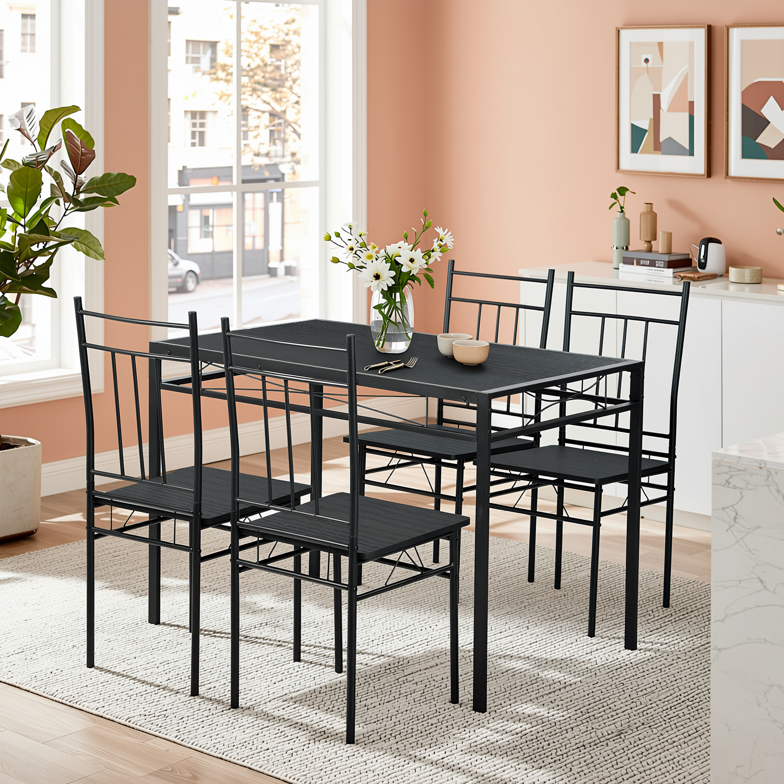 Homy Casa Marbury 5PC Dining Set 42” Black Marble Table with 4 Chairs