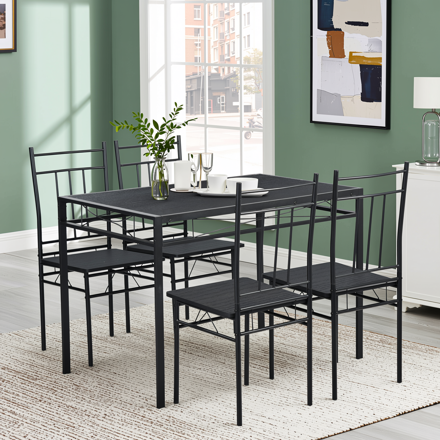 Homy Casa Marbury 5PC Dining Set 42” Black Marble Table with 4 Chairs