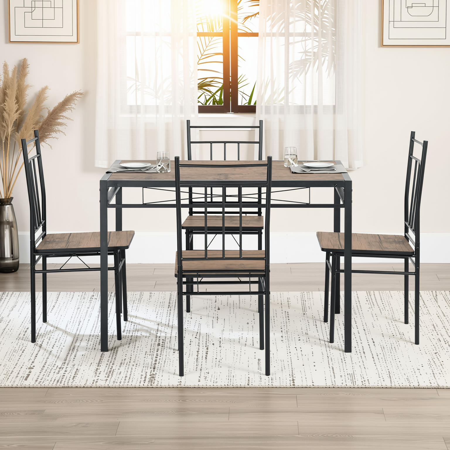 Homy Casa Marbury 5PC Dining Set 42” Rustic Brown Table with 4 Chairs