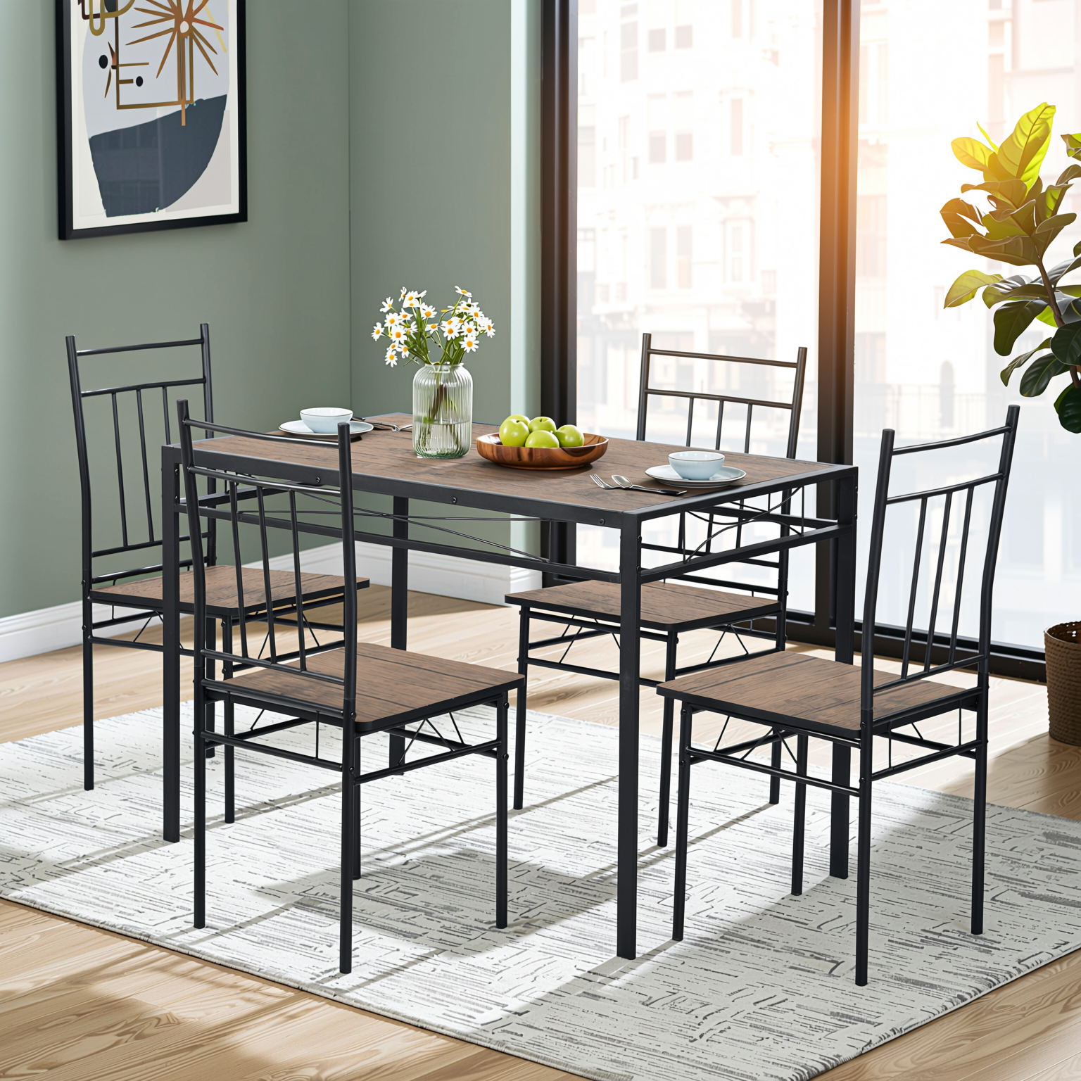 Homy Casa Marbury 5PC Dining Set 42” Rustic Brown Table with 4 Chairs