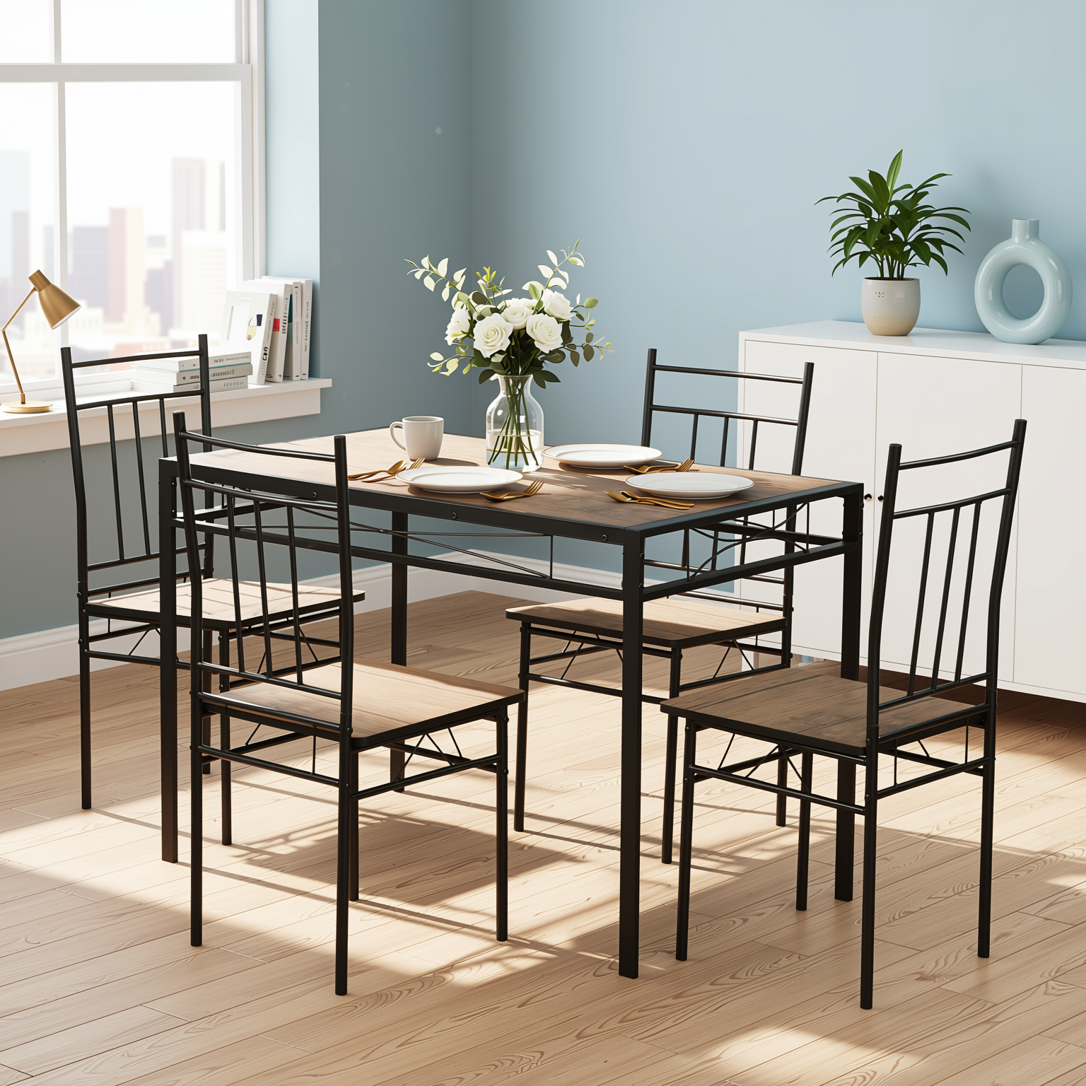 Homy Casa Marbury 5PC Dining Set 42” Rustic Brown Table with 4 Chairs