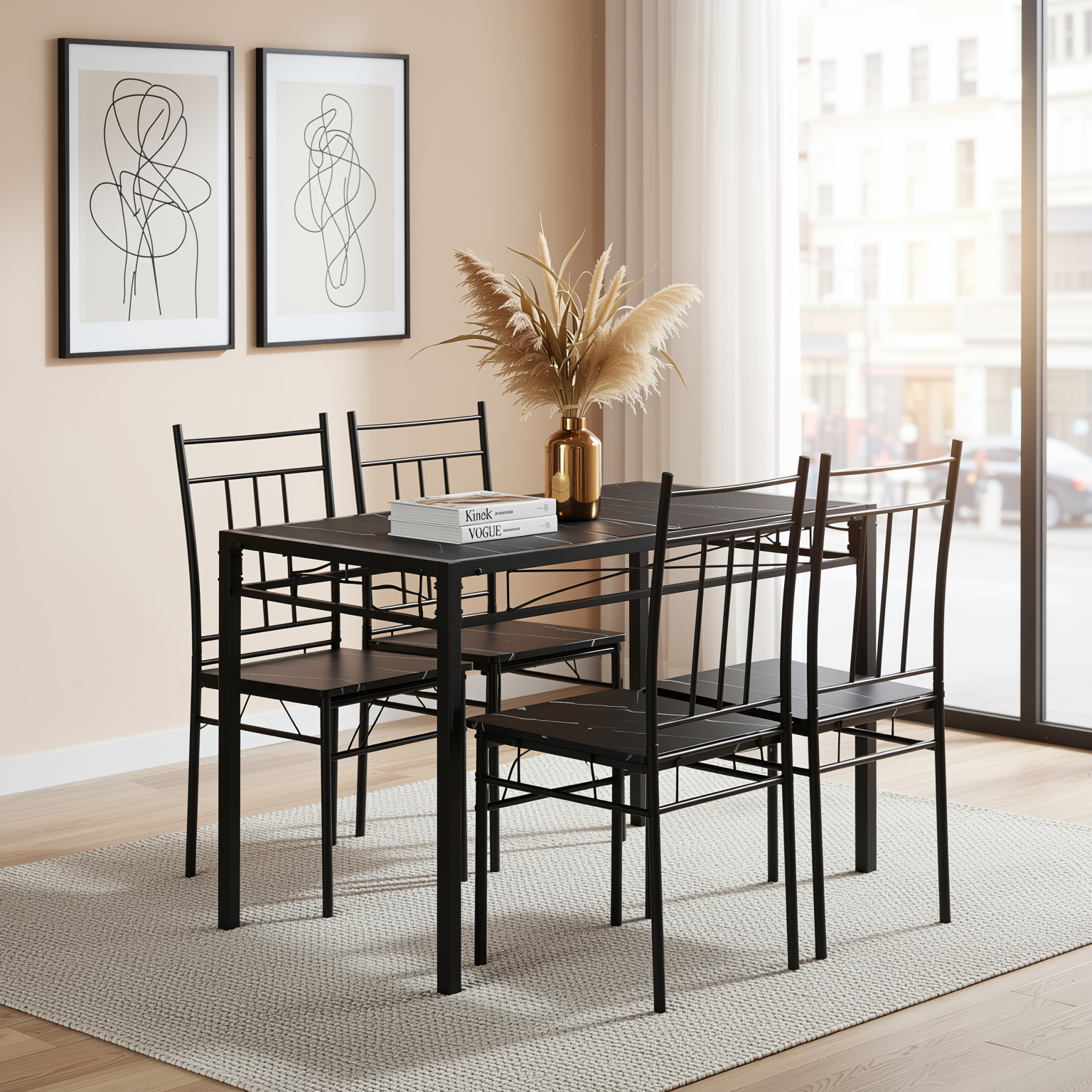 Homy Casa Marbury 5PC Dining Set 42” Black Marble Table with 4 Chairs