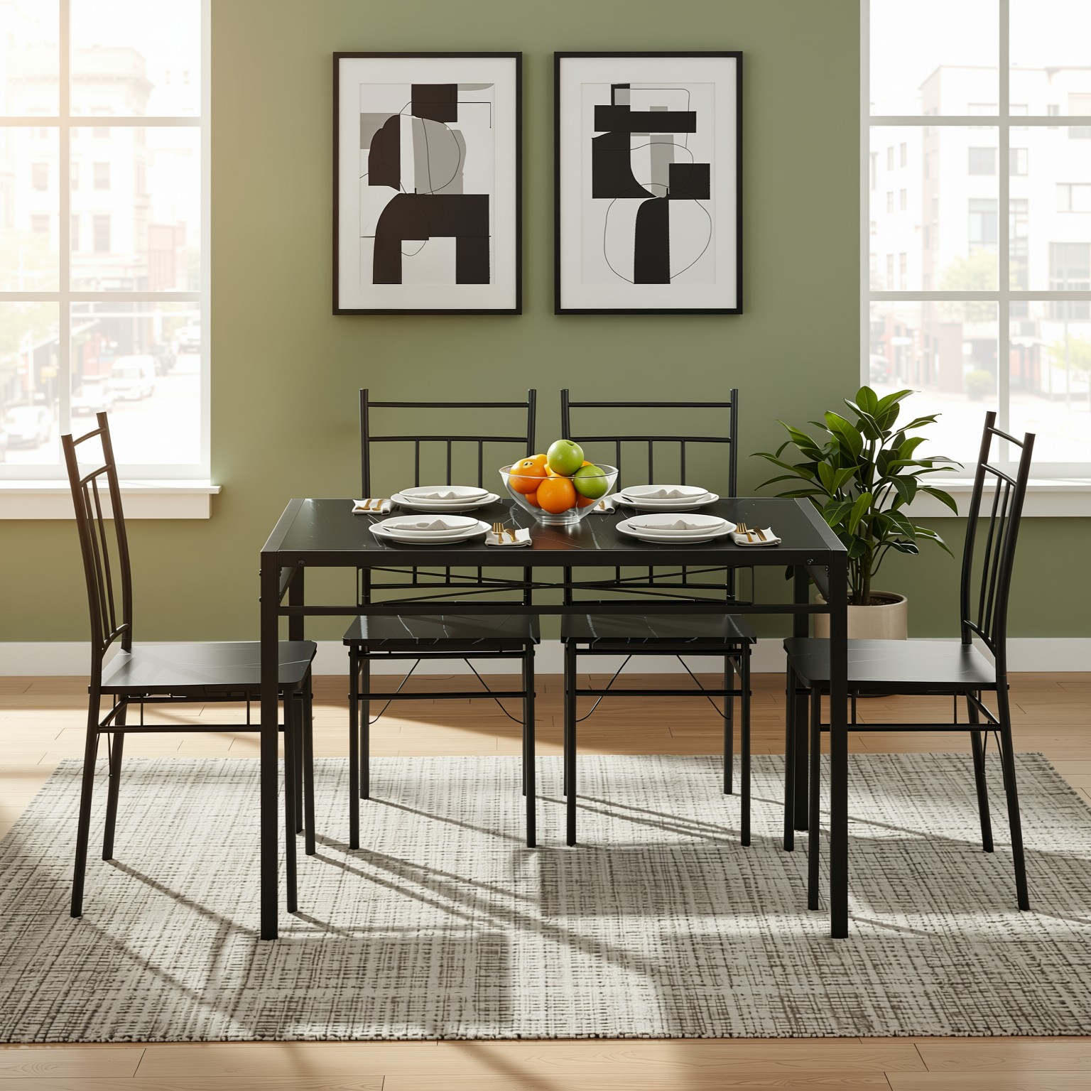 Homy Casa Marbury 5PC Dining Set 42” Black Marble Table with 4 Chairs