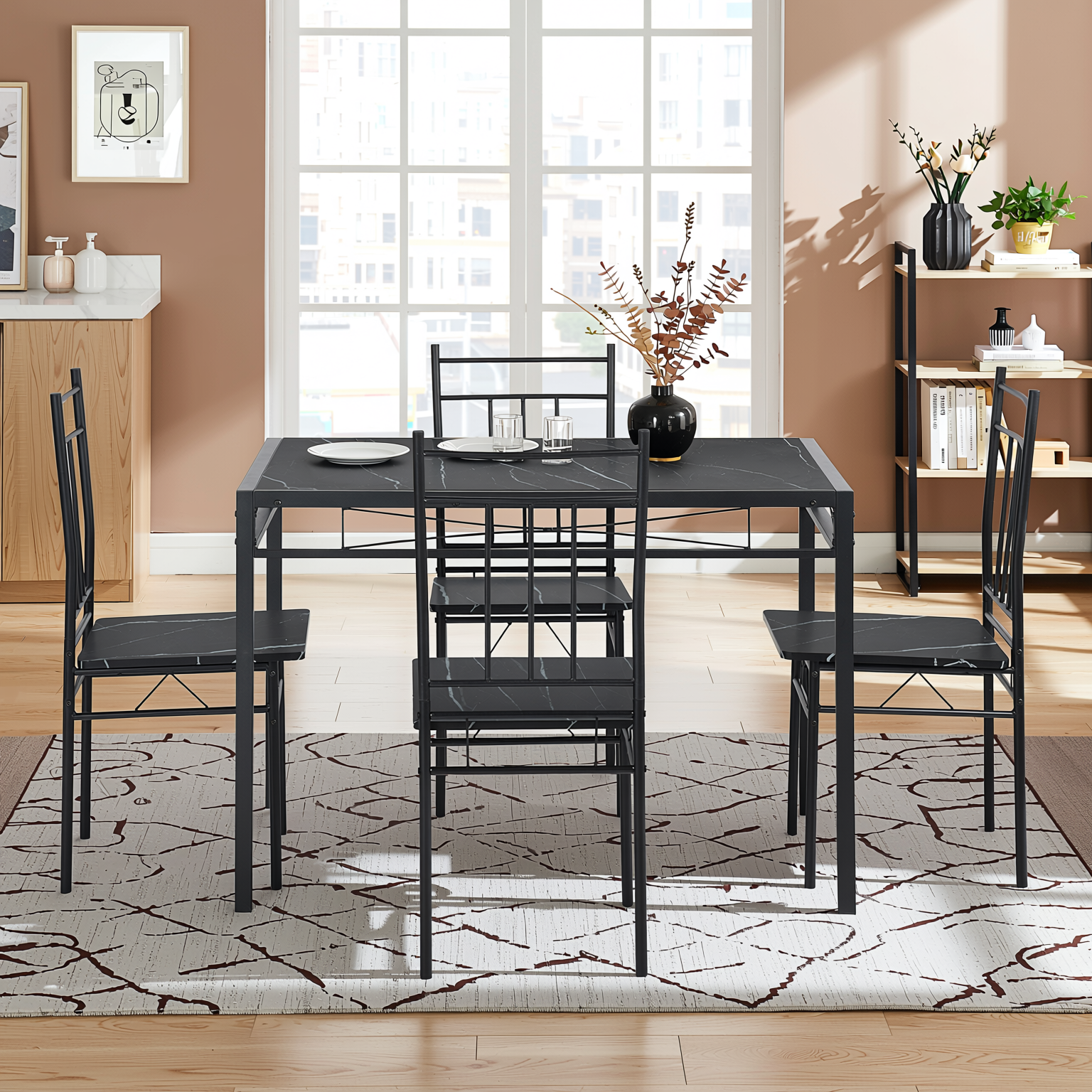 Homy Casa Marbury 5PC Dining Set 42” Black Marble Table with 4 Chairs