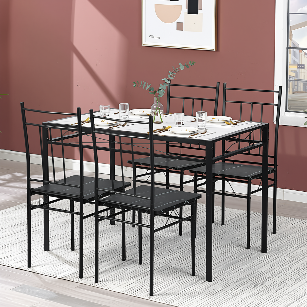 Homy Casa Marbury 5PC Dining Set 42” Marble Color Table with 4 Chairs