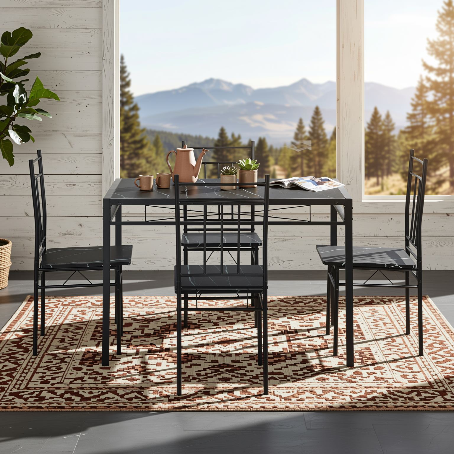 Homy Casa Marbury 5PC Dining Set 42” Black Marble Table with 4 Chairs