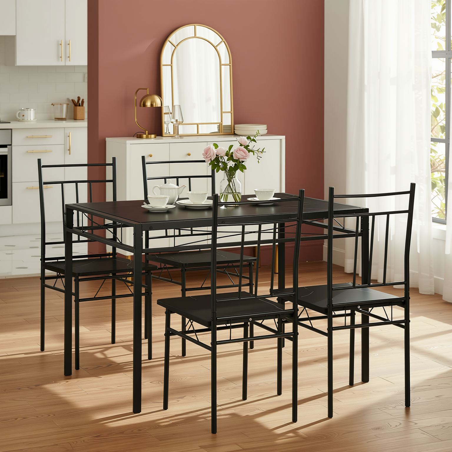 Marbury 5PC Dining Set 42” Table with 4 Chairs Modern Metal Frame Multi Finish