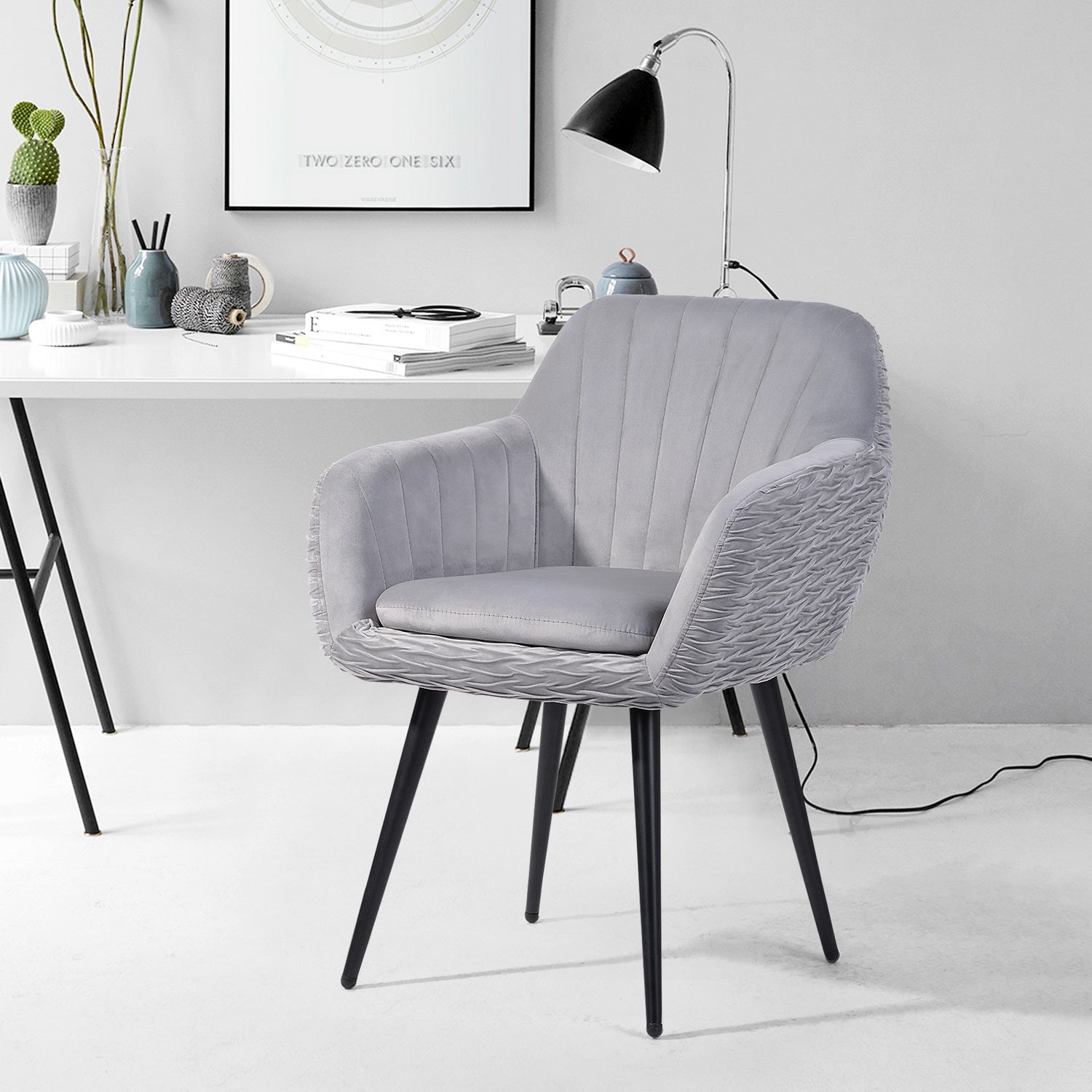 MBAYE Velvet Modern Accent Arm Chair, Metal Frame, Grey