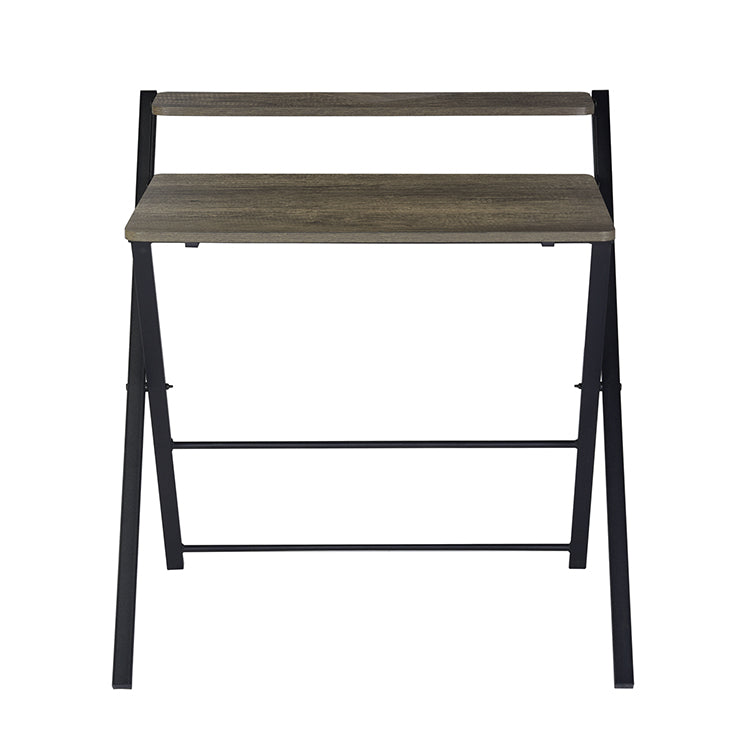 megantable foldable working table - brown wood top - black metal legs with open shelf space-saving design modern style