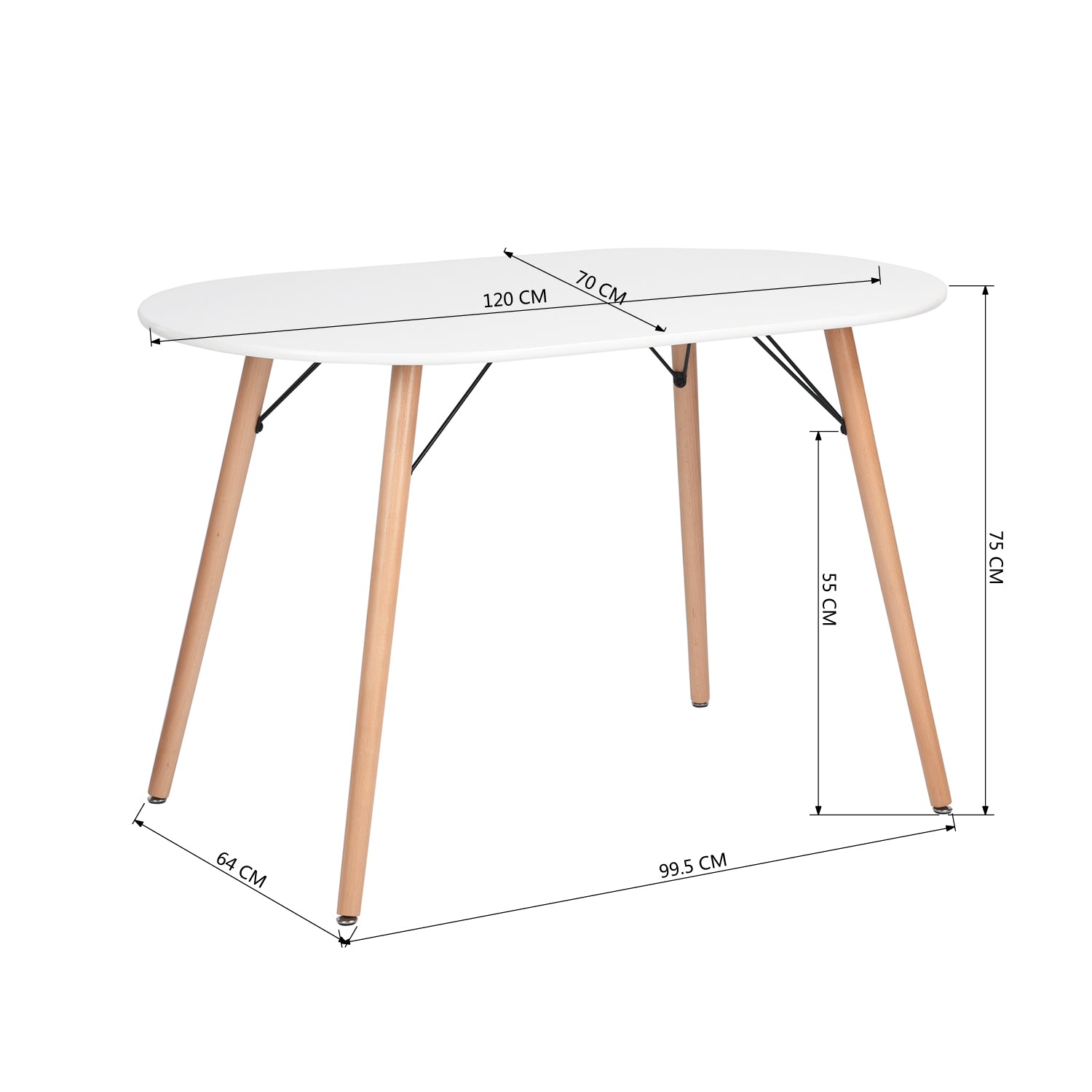 MICK 47” Oval Dining Table, White Top with Solid Wood Legs and Metal Braces, Seats 4, 47.2 × 27.6 × 29.5 in