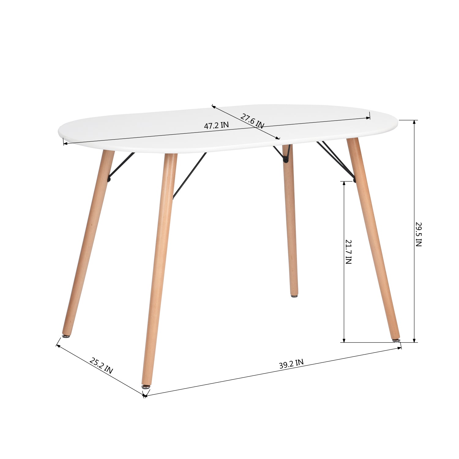 MICK 47” Oval Dining Table, White Top with Solid Wood Legs and Metal Braces, Seats 4, 47.2 × 27.6 × 29.5 in