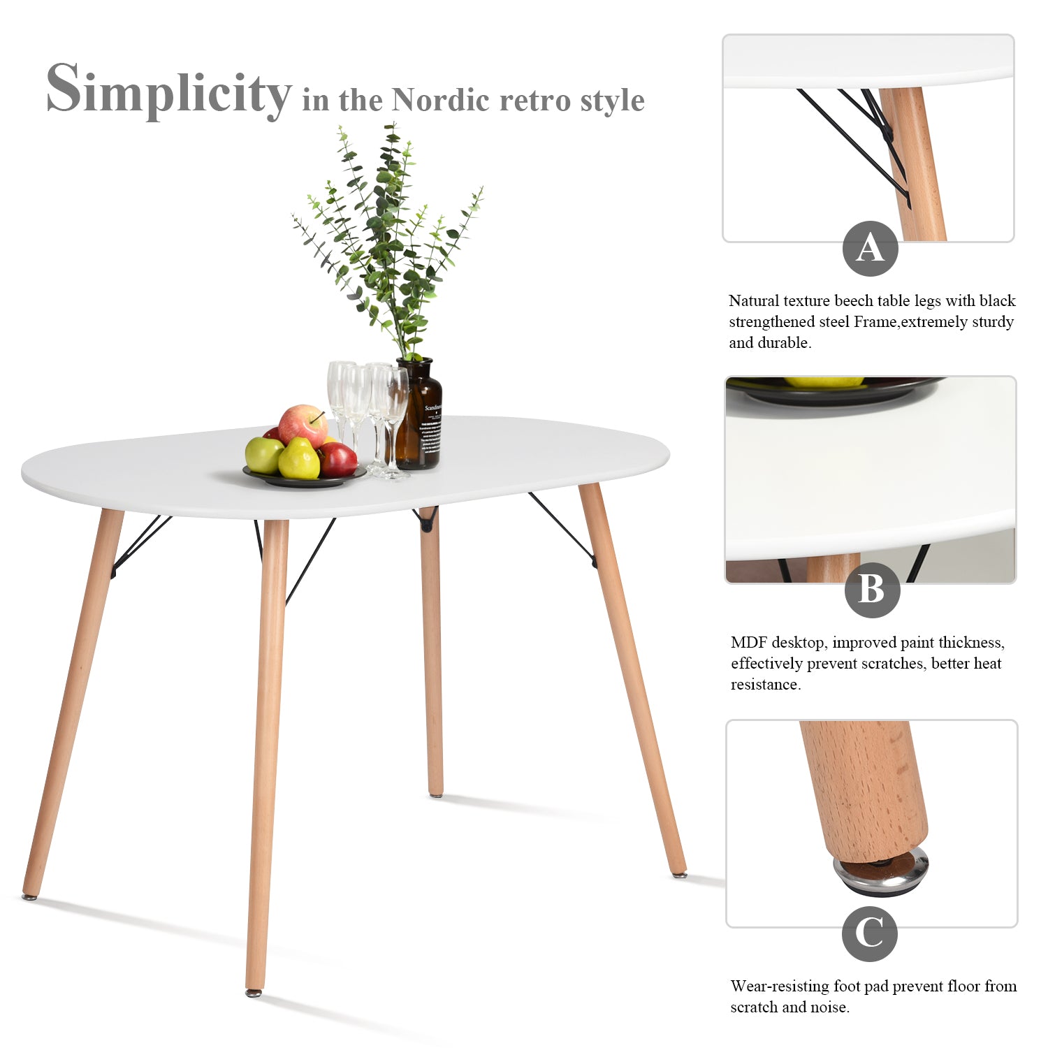 Homy Casa MICK 47” Oval Dining Table, White Top with Solid Wood Legs and Metal Braces, Seats 4
