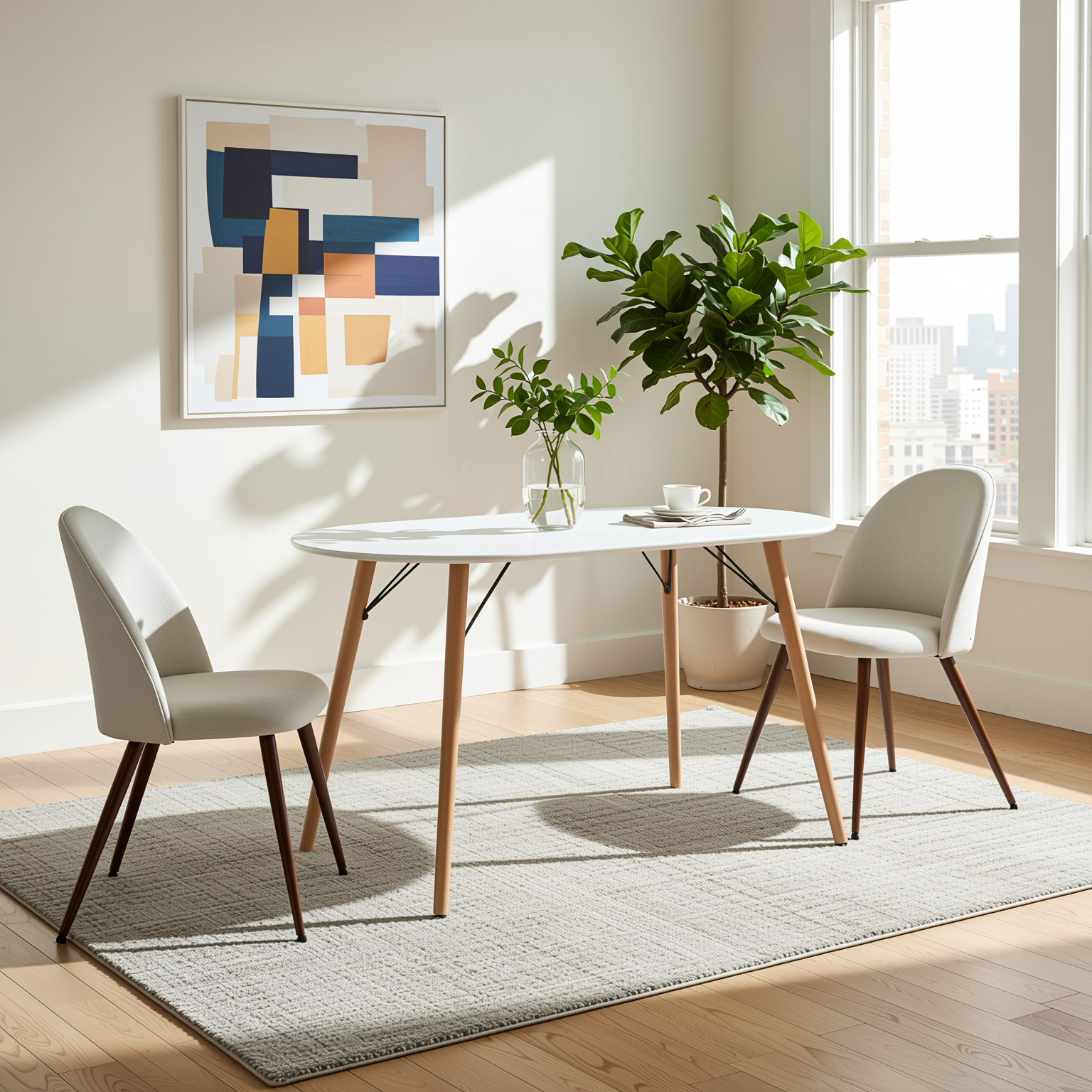 Homy Casa MICK+HAVEN 3PC Dining Set 47.2” Oval Table with 2 Beige Fabric Chairs Walnut Finish Open Box