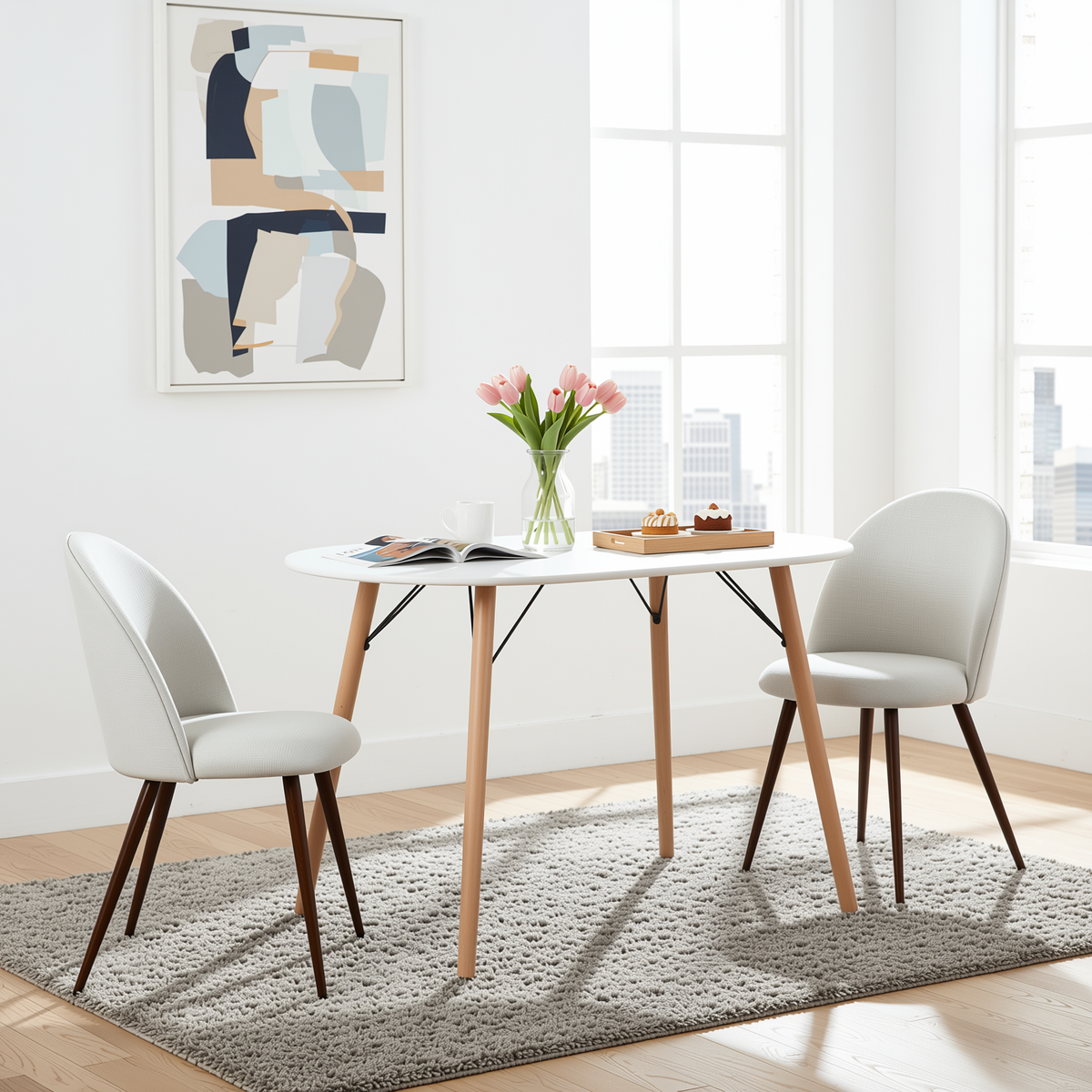 Homy Casa MICK+HAVEN 3PC Dining Set 47.2” Oval Table with 2 Beige Fabric Chairs Walnut Finish Open Box