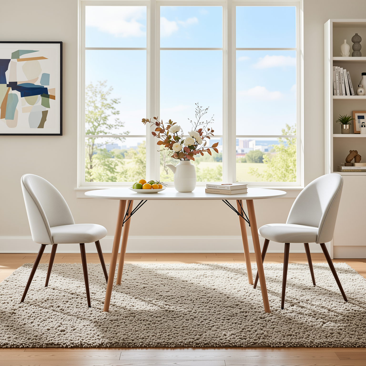 Homy Casa MICK+HAVEN 3PC Dining Set 47.2” Oval Table with 2 Beige Fabric Chairs Walnut Finish Open Box
