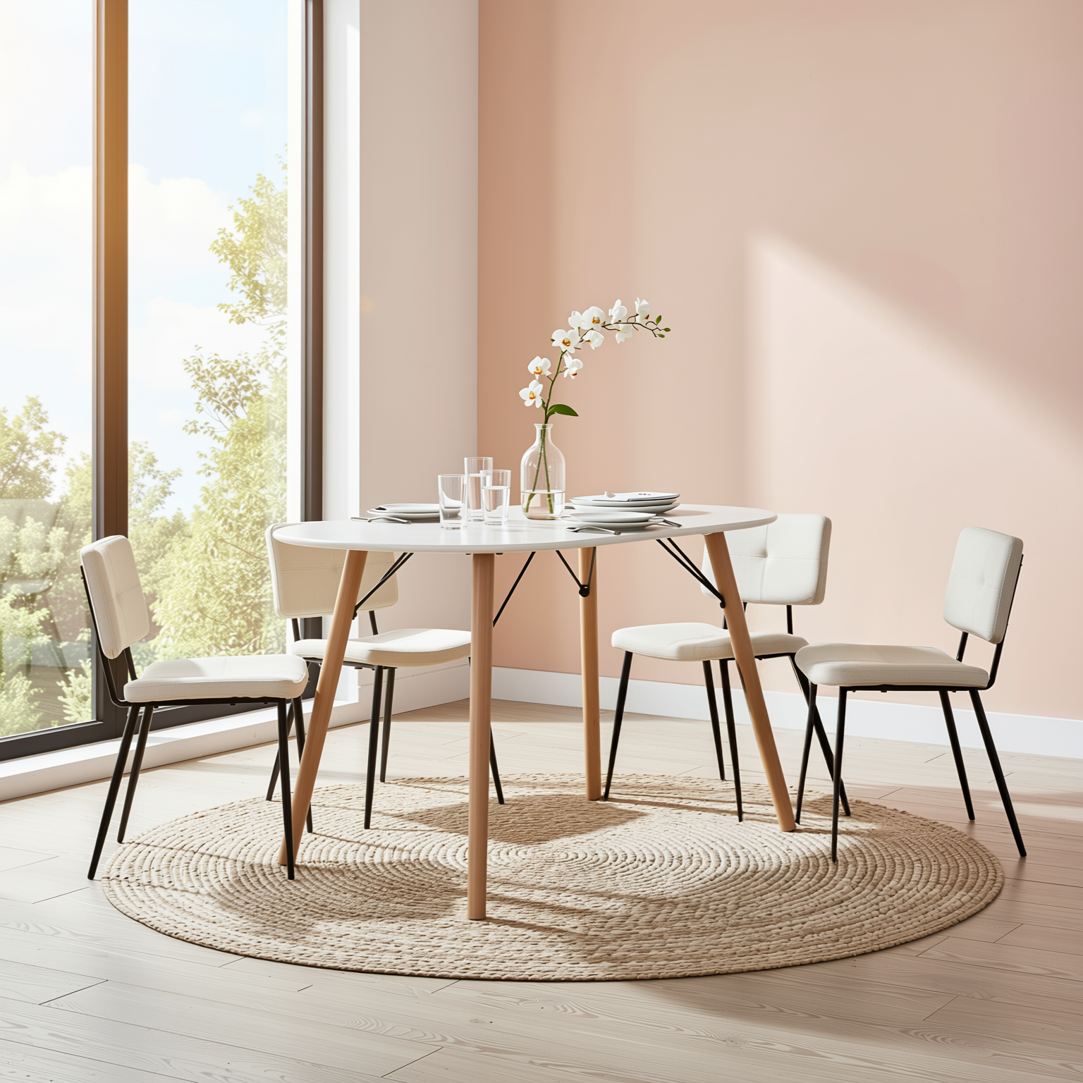 Homy Casa MICK 5PC Dining Set 47.2" Oval White Dining Table with 4 Pomona Beige Fabric Chairs Open Box