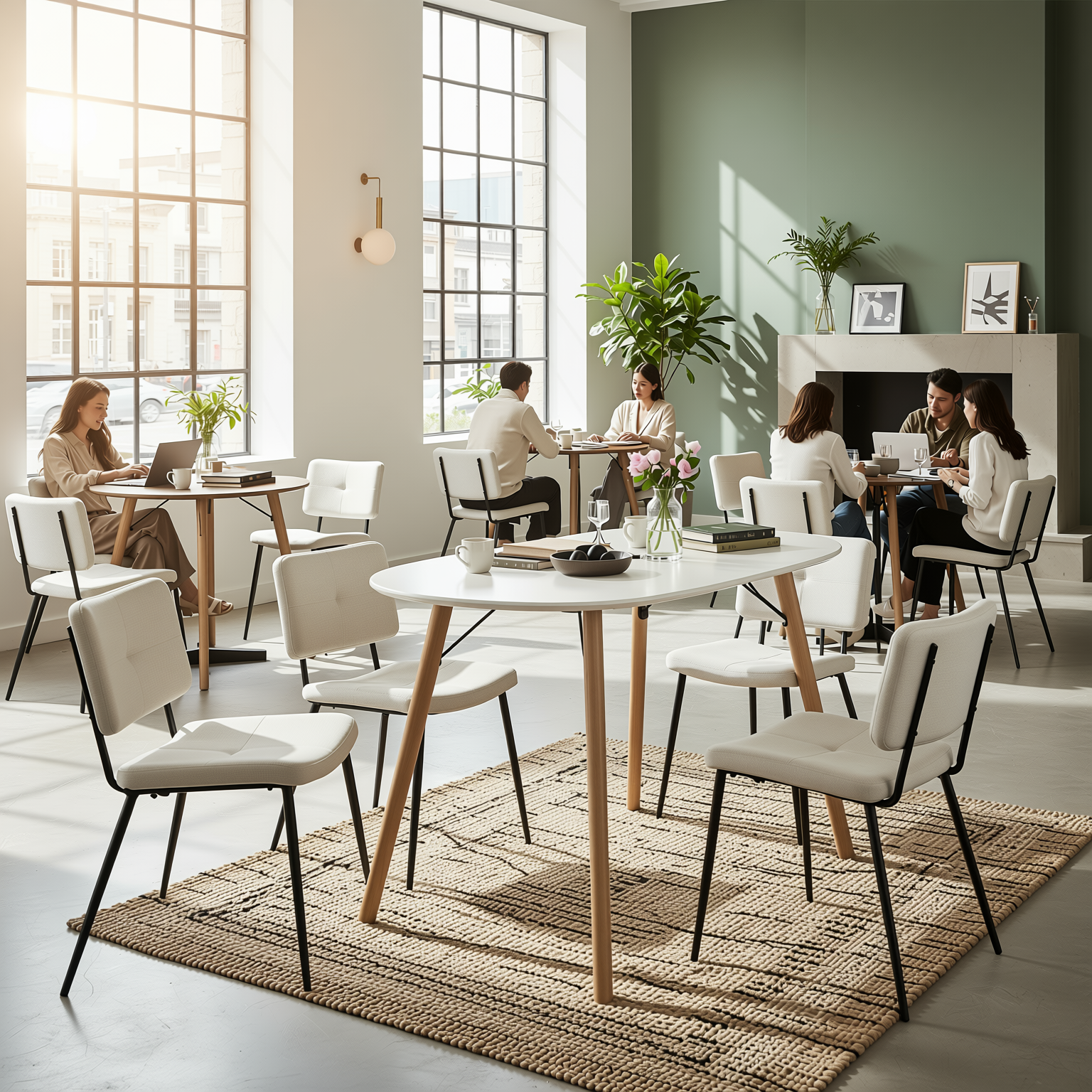 Homy Casa MICK 5PC Dining Set 47.2" Oval White Dining Table with 4 Pomona Beige Fabric Chairs Open Box