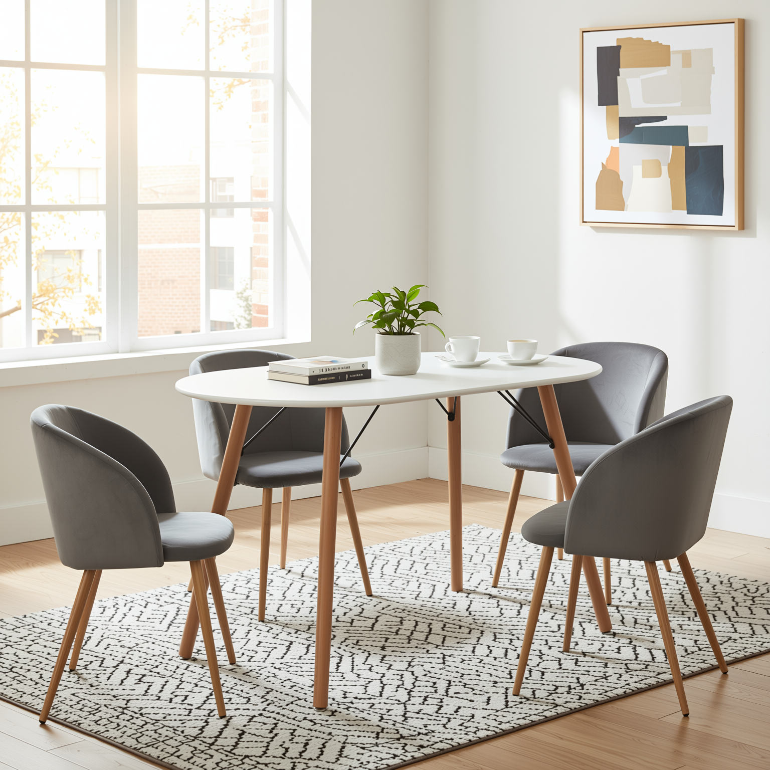 Homy Casa MICK 5PC Dining Set 47.2” Oval White Table with 4 Ynez Grey Chairs Open Box