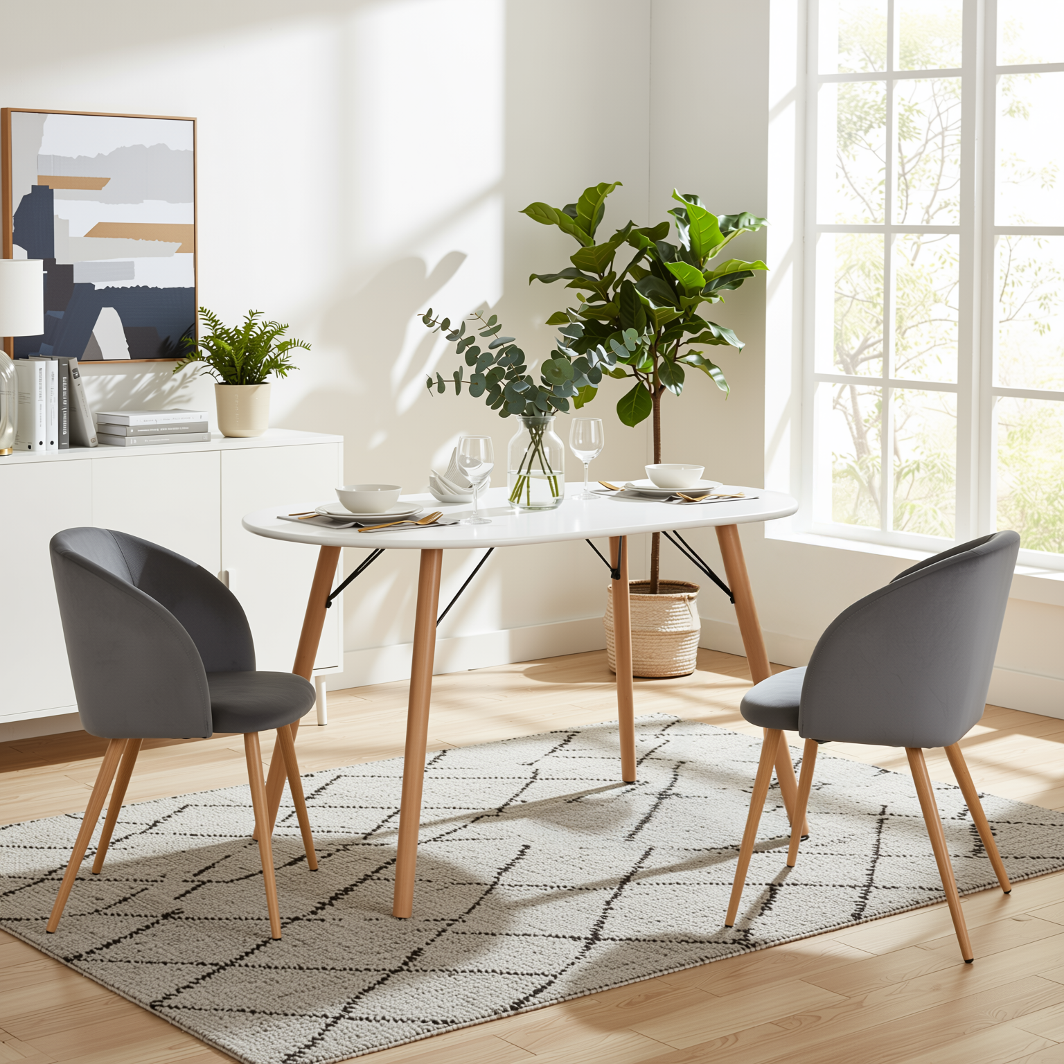 Homy Casa MICK 3PC Dining Set 47” Oval White Table with 2 Ynez Grey Chairs Open Box