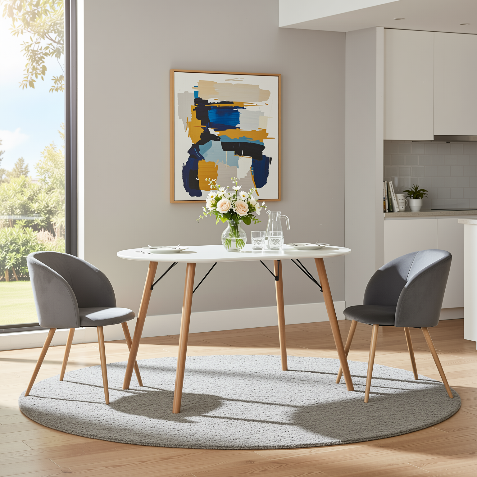 Homy Casa MICK 3PC Dining Set 47” Oval White Table with 2 Ynez Grey Chairs Open Box