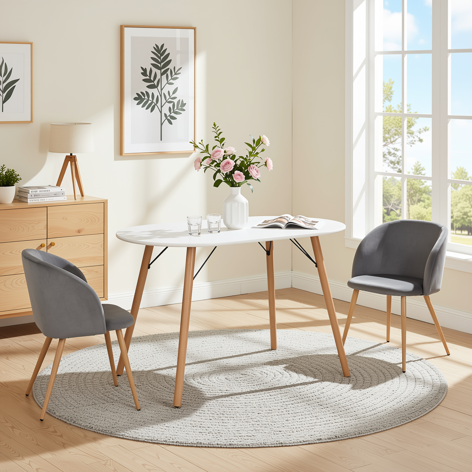 Homy Casa MICK 3PC Dining Set 47” Oval White Table with 2 Ynez Grey Chairs Open Box