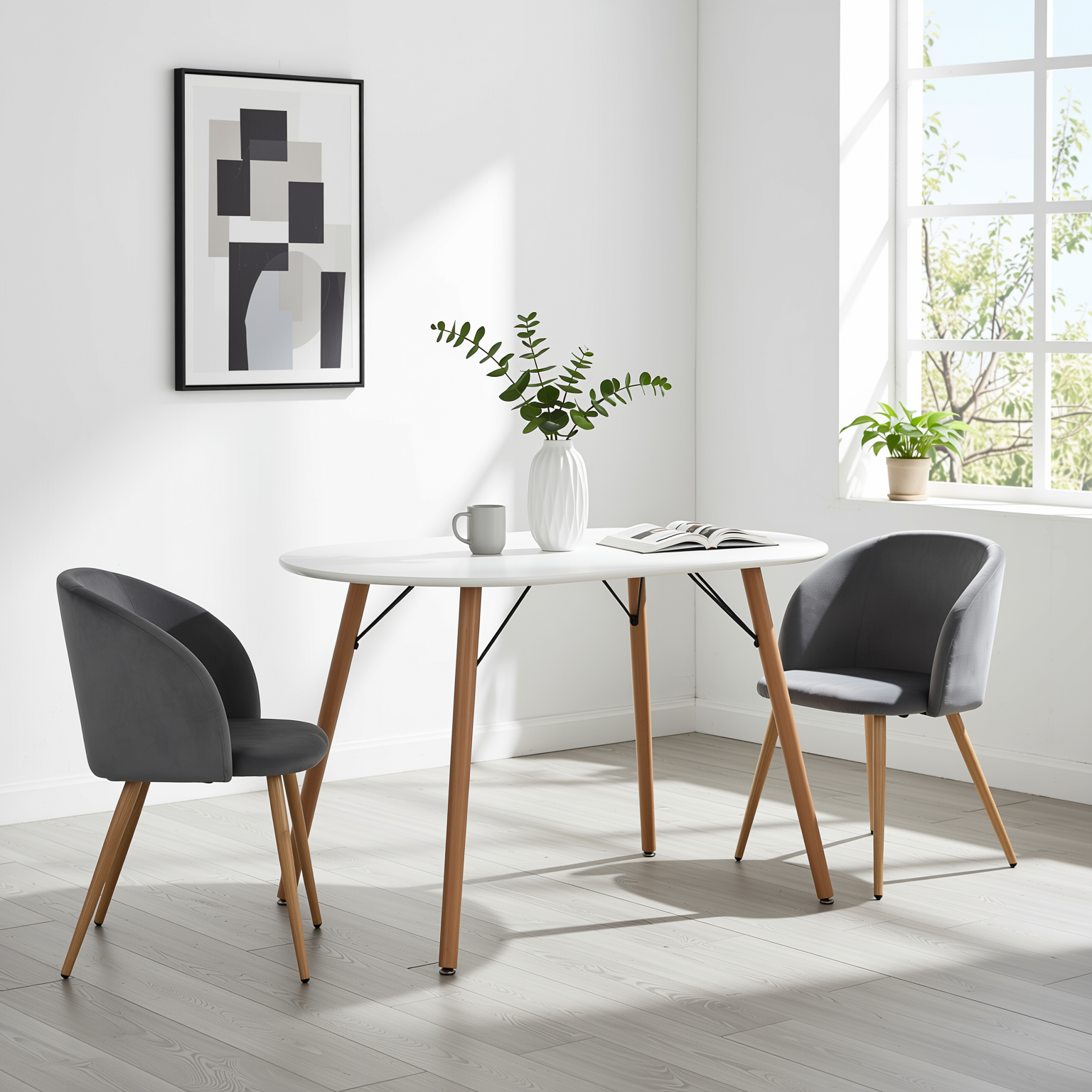 Homy Casa MICK 3PC Dining Set 47” Oval White Table with 2 Ynez Grey Chairs Open Box